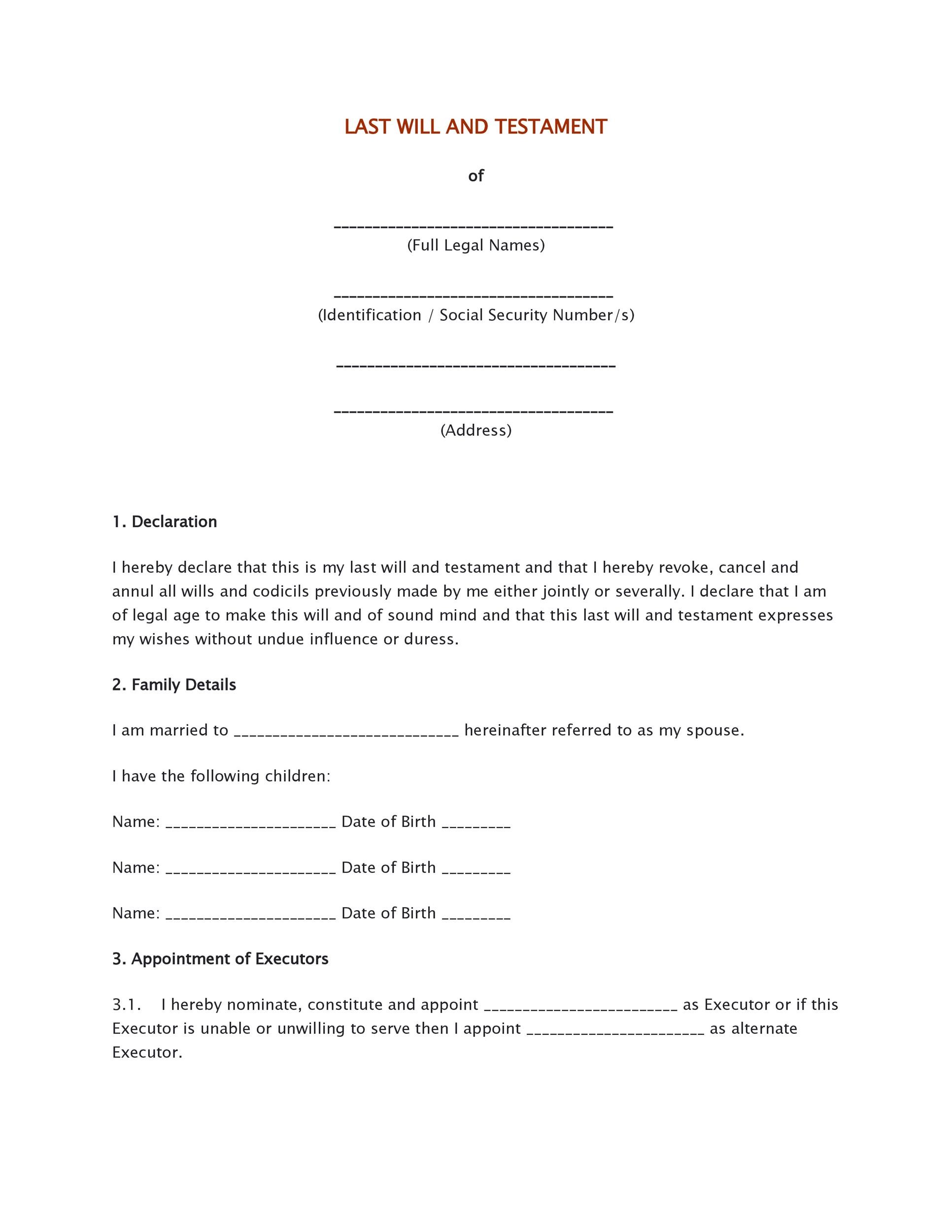Free Will Testament Forms Printable