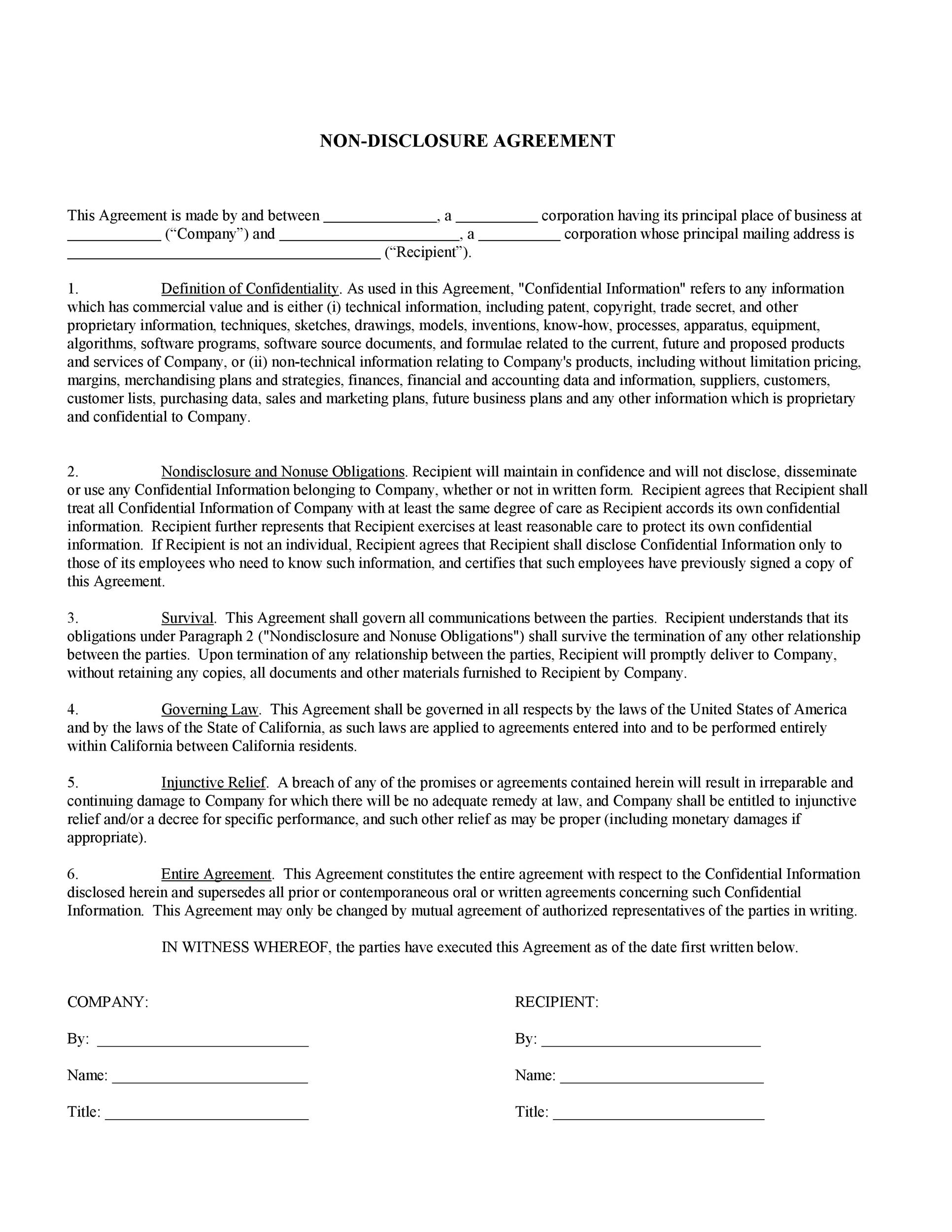 Non Disclosure Agreement Template Word Free Printable Non Disclosure