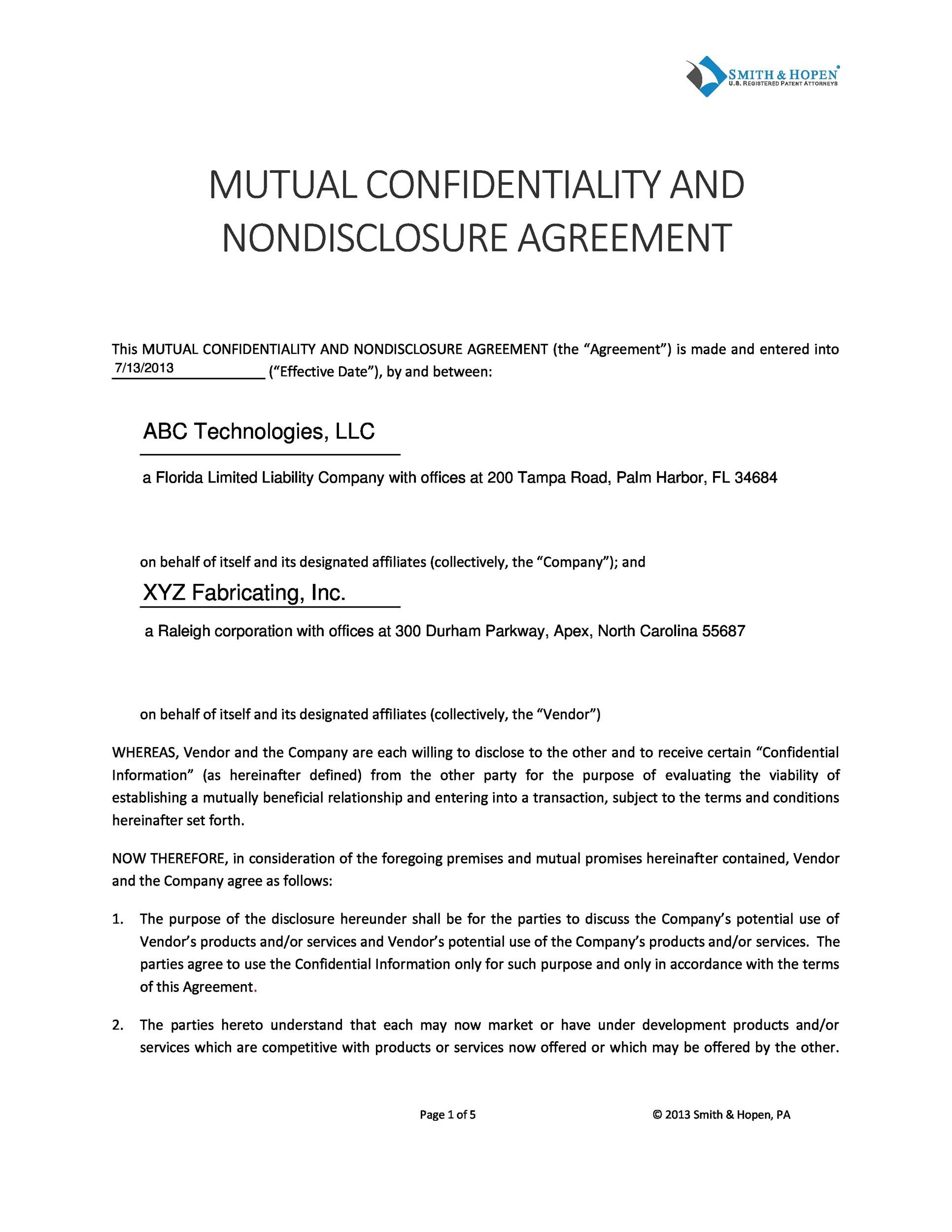 sample non disclosure agreement for business plan