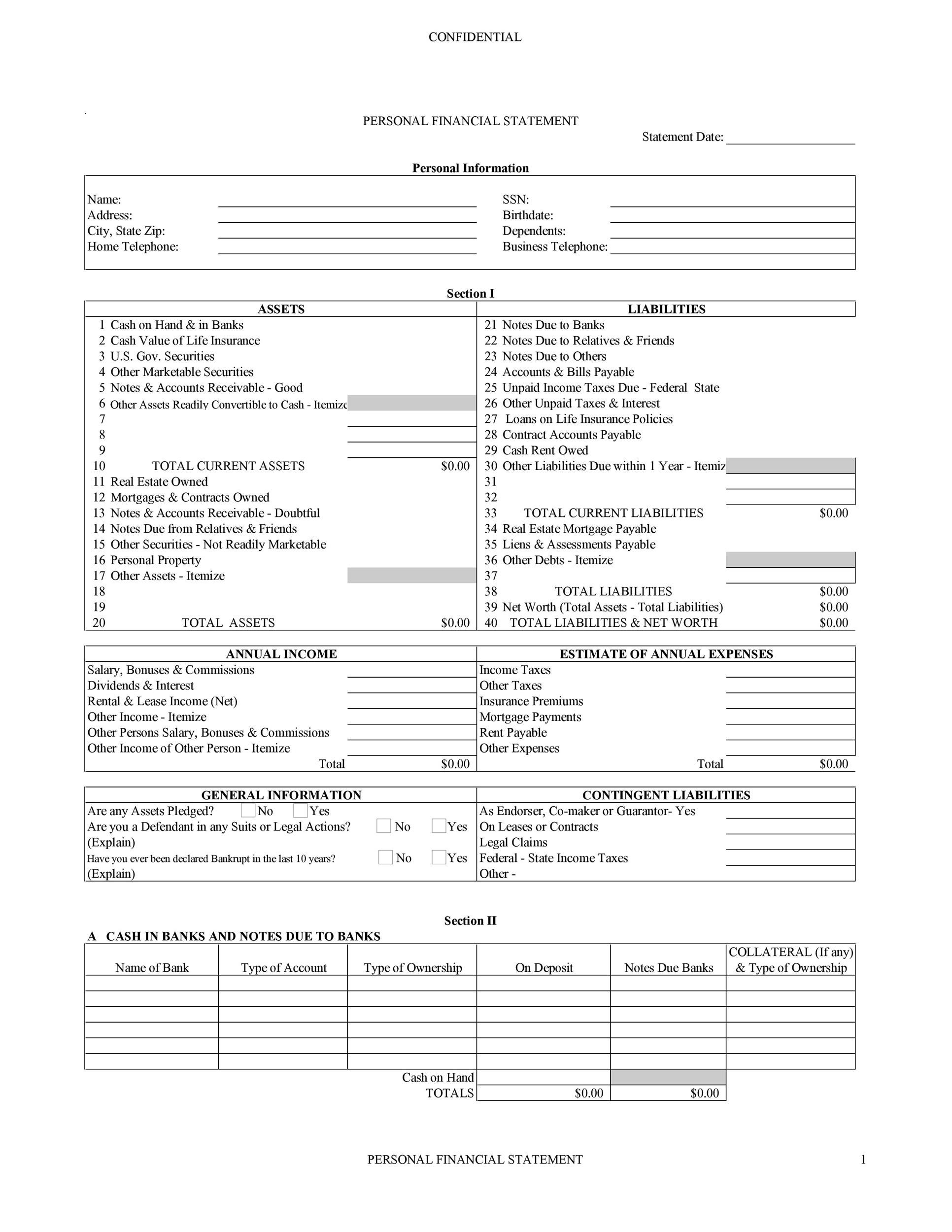 40 Personal Financial Statement Templates Forms Á Templatelab