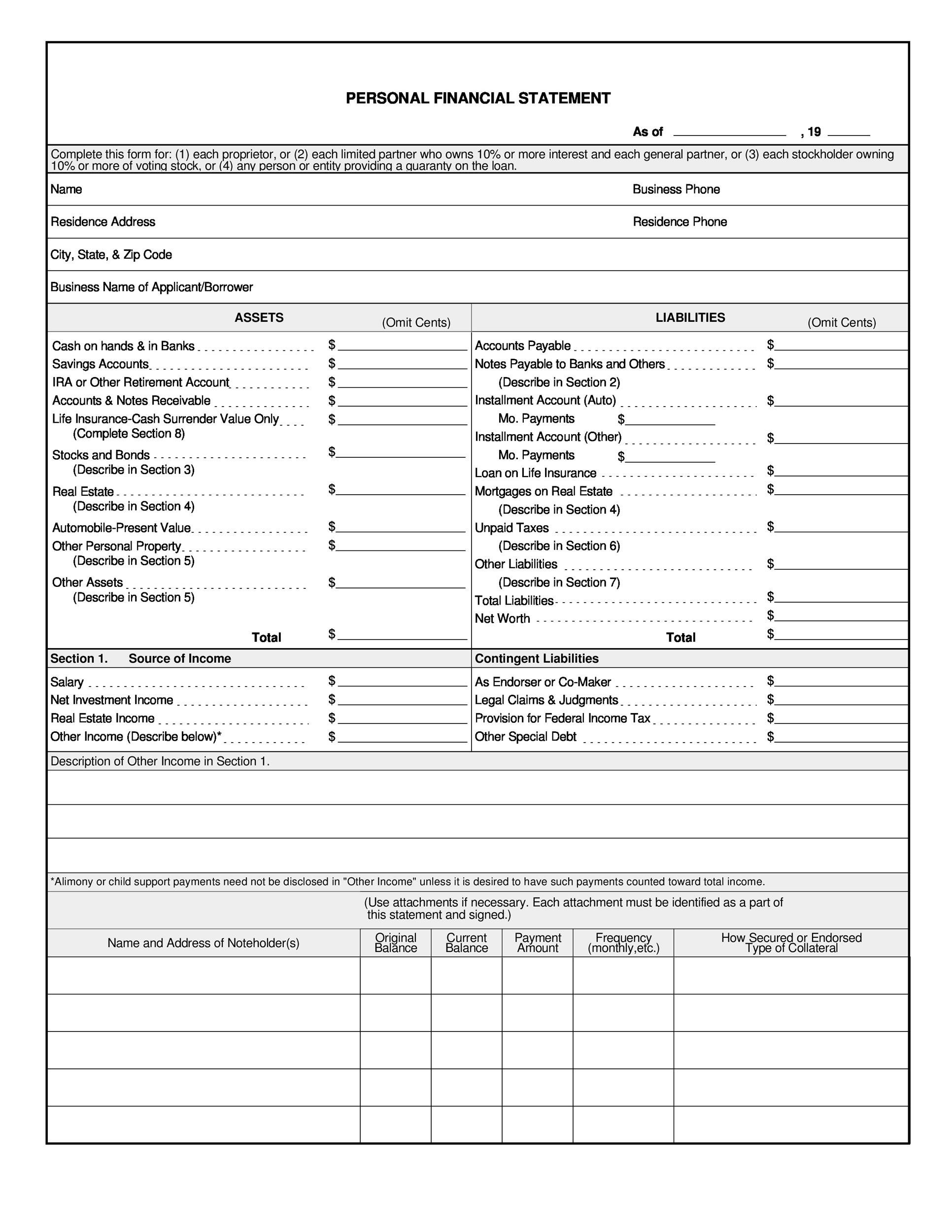 Personal Financial Statement Template Xls Database