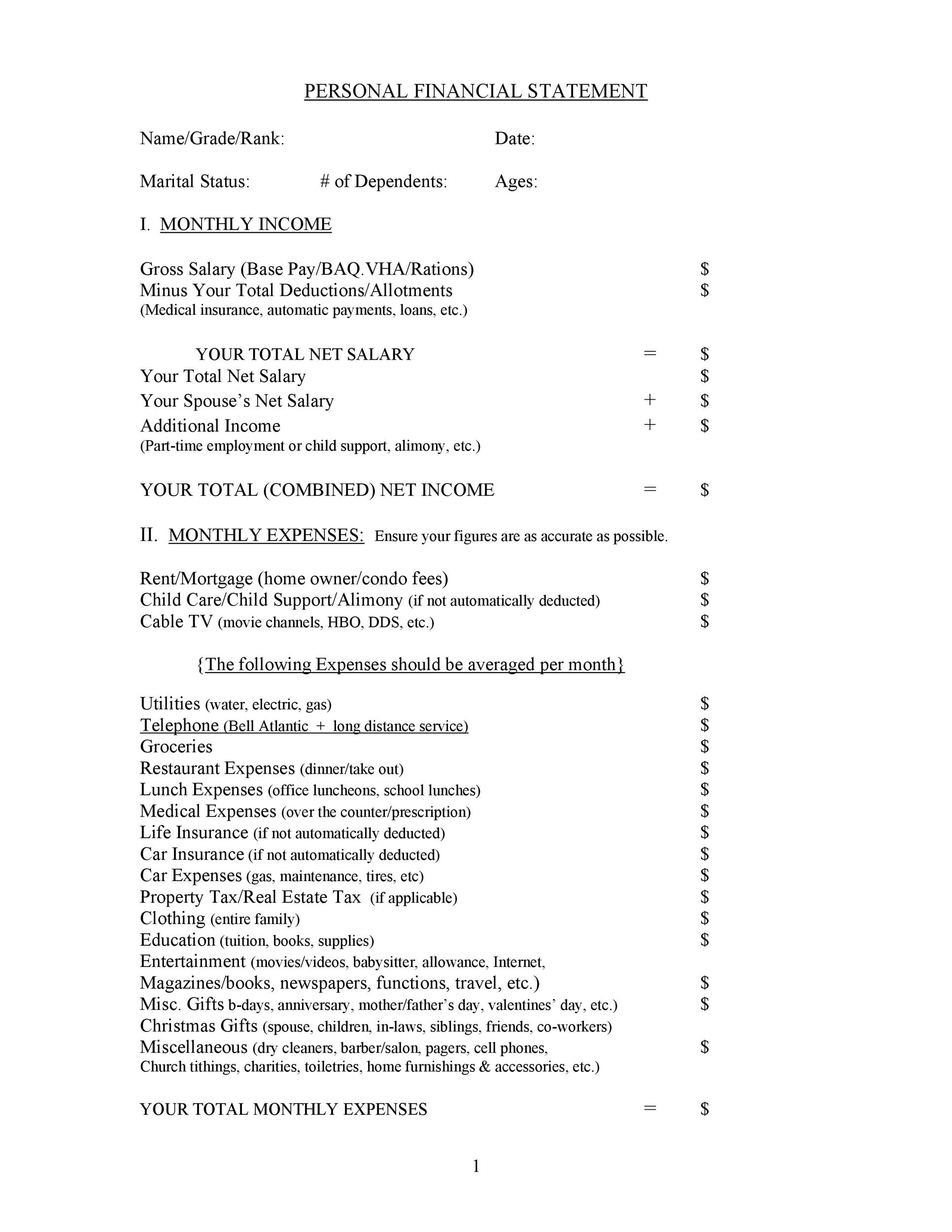 Free Personal Financial Statement Template 28