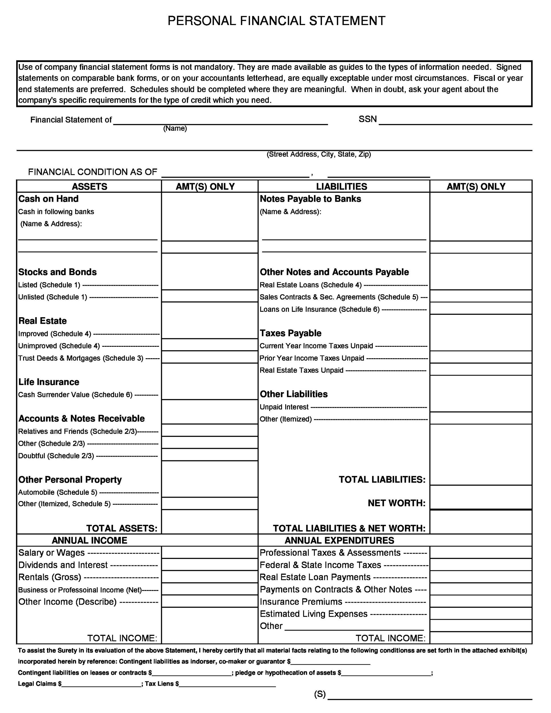 40 Personal Financial Statement Templates Forms TemplateLab