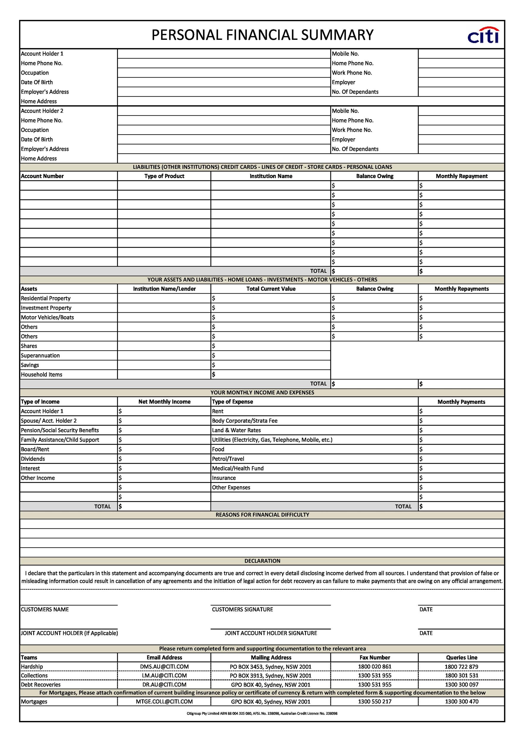 Printable Personal Financial Statement