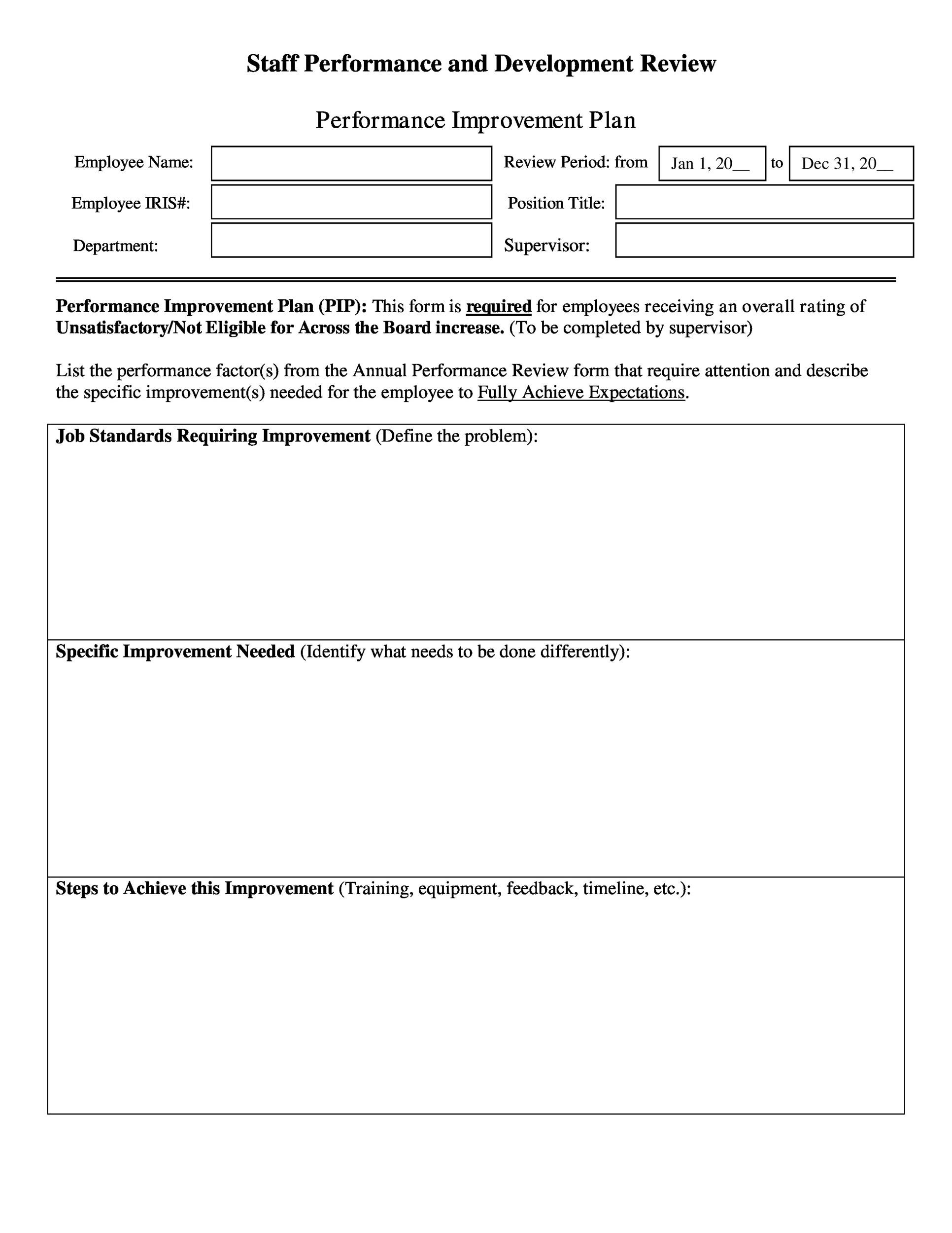 Printable Performance Improvement Plan Template