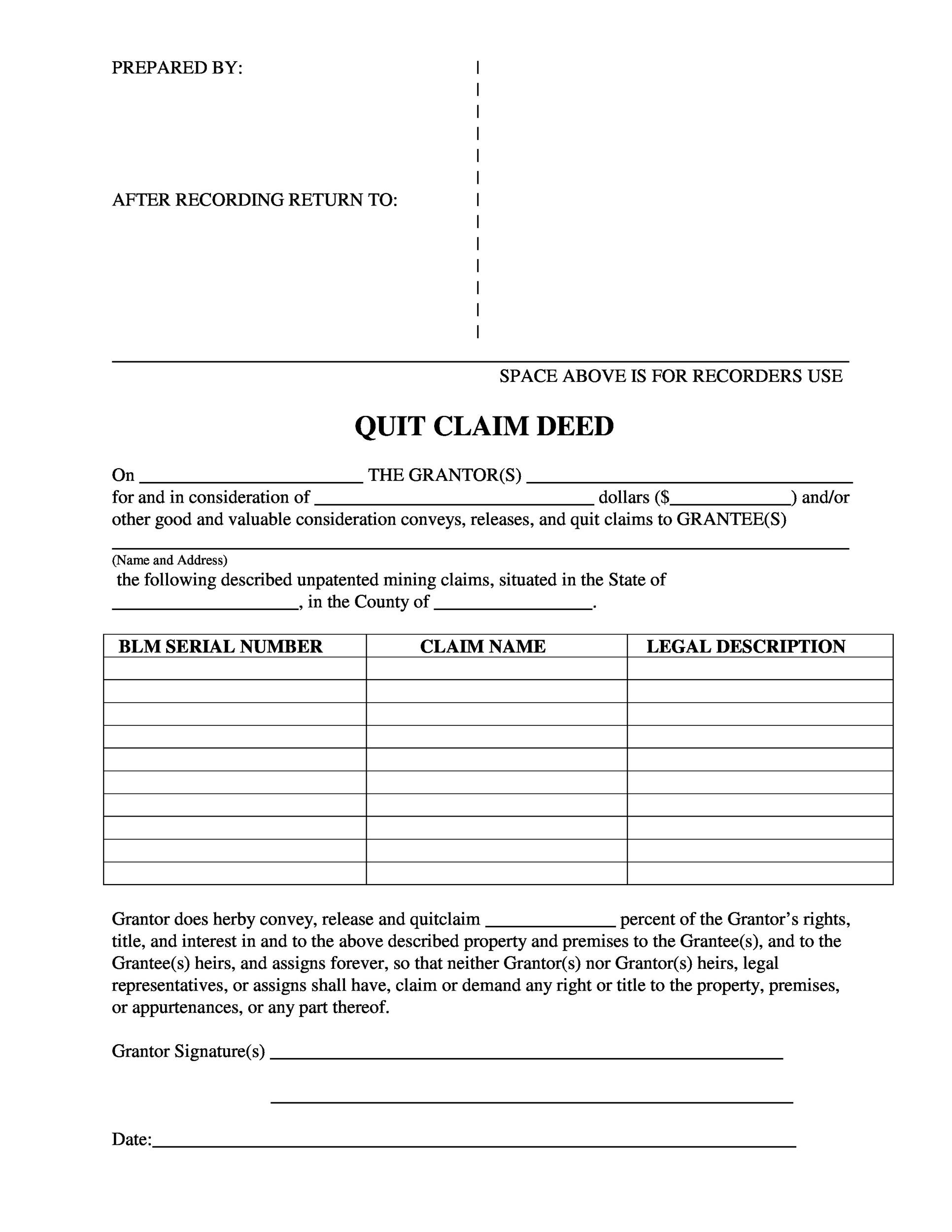 printable example of a quit claim deed completed