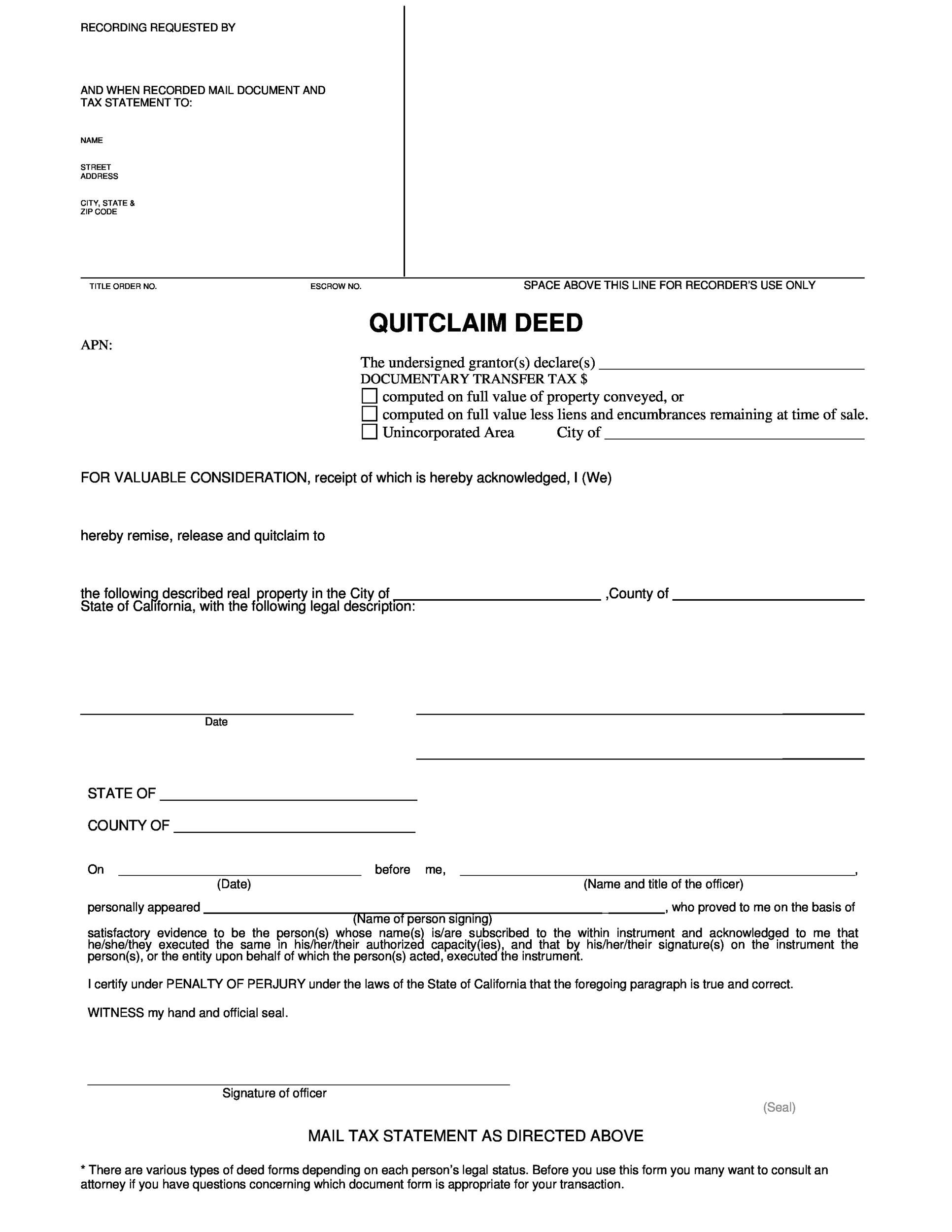 Free Printable Blank Quit Claim Deed Form