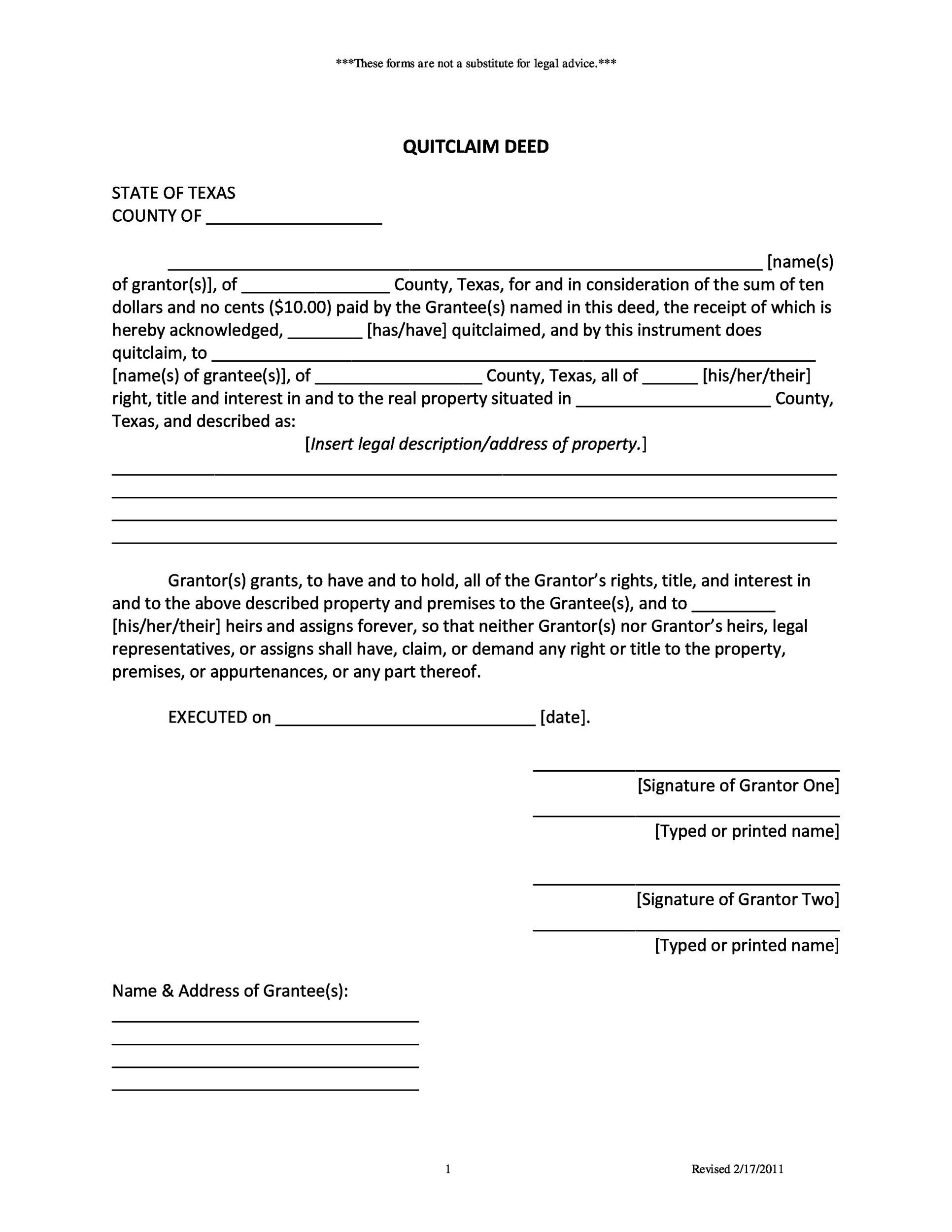 46 Free Quit Claim Deed Forms Templates Template Lab