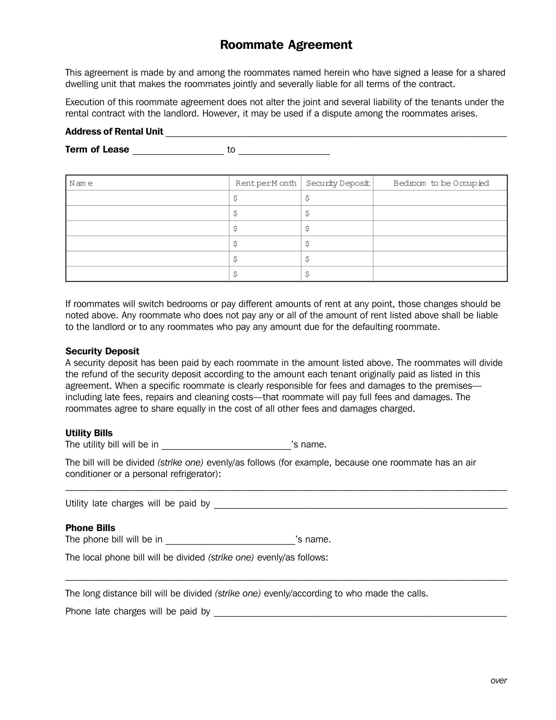 Roommate Agreement Template Free Download