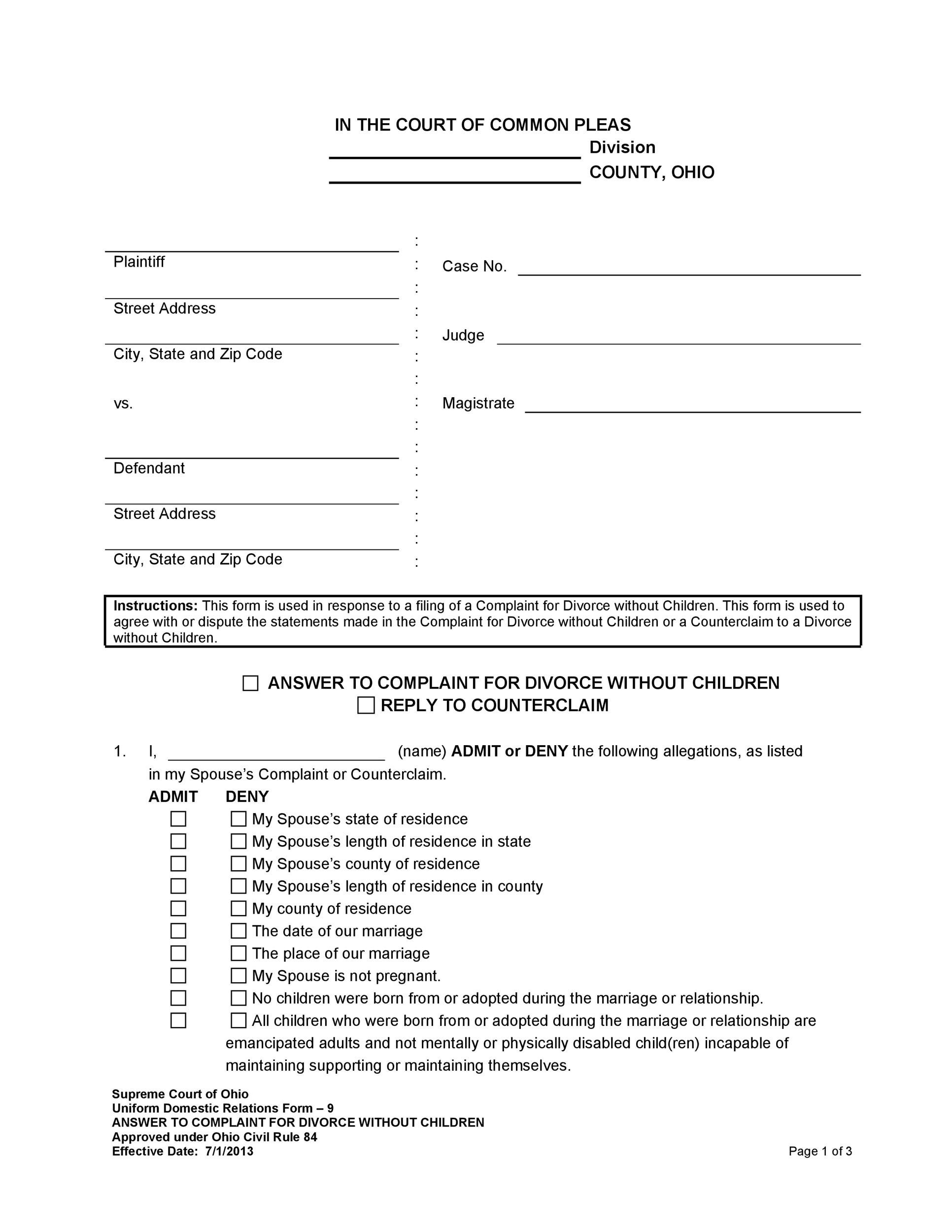 Blank Divorce Papers