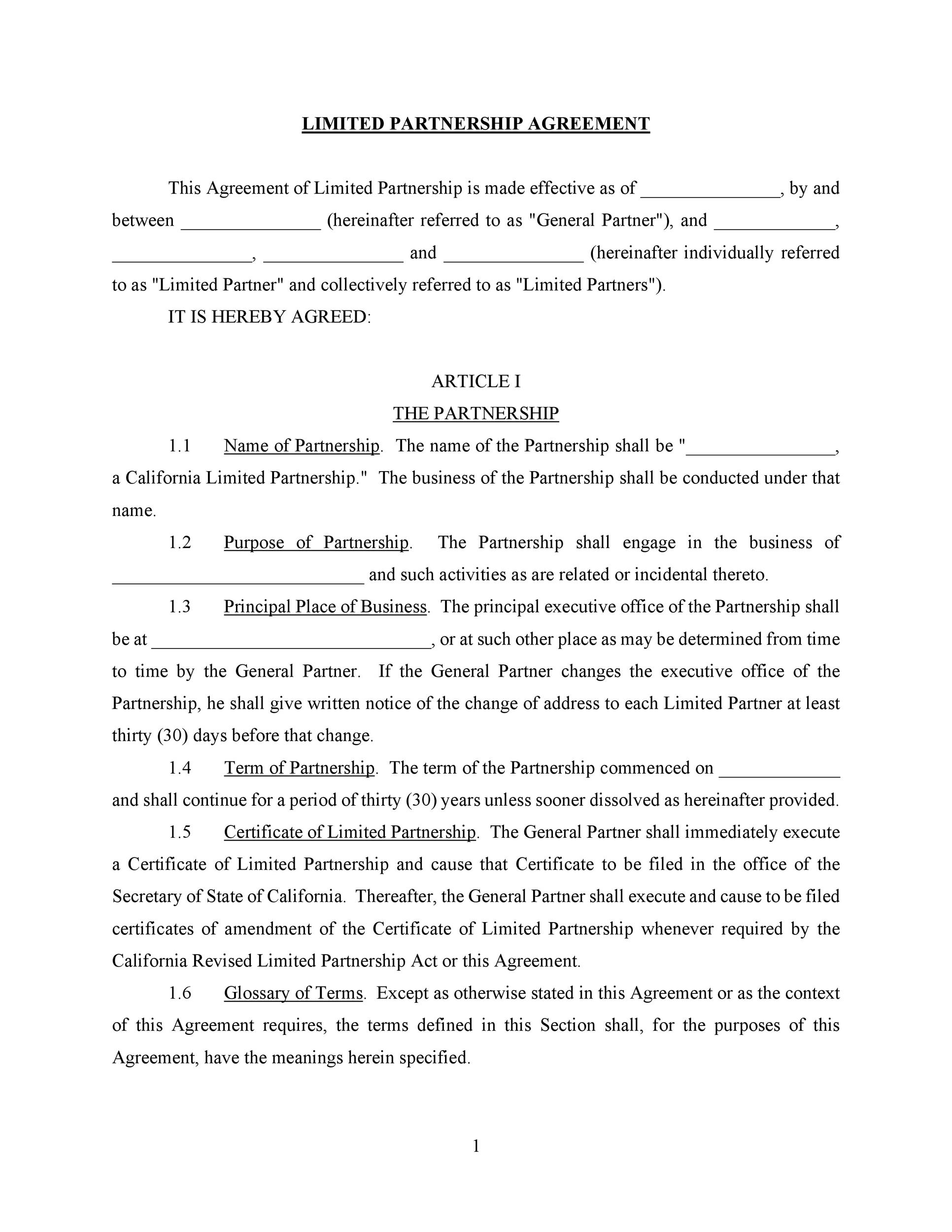 Free Printable Partnership Agreement Template