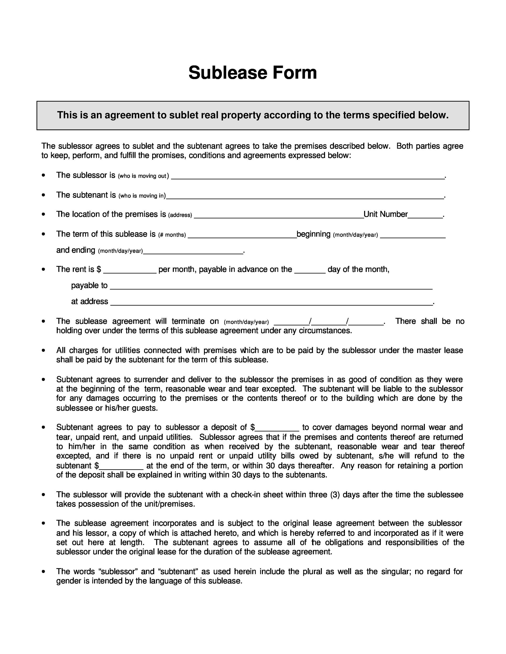 40  Professional Sublease Agreement Templates \u0026 Forms  Template Lab