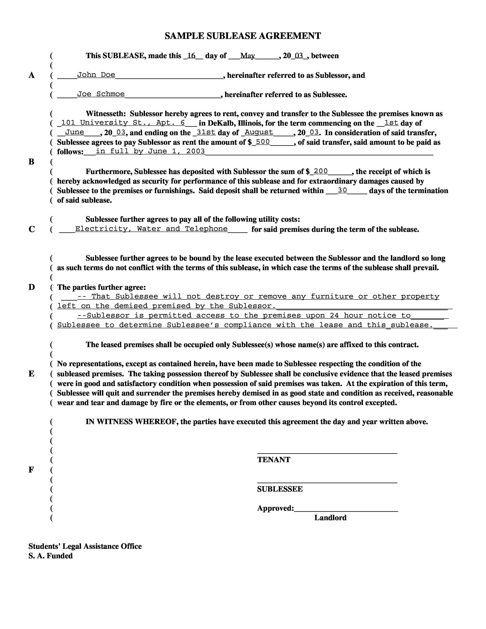 Free Sublet Agreement Template