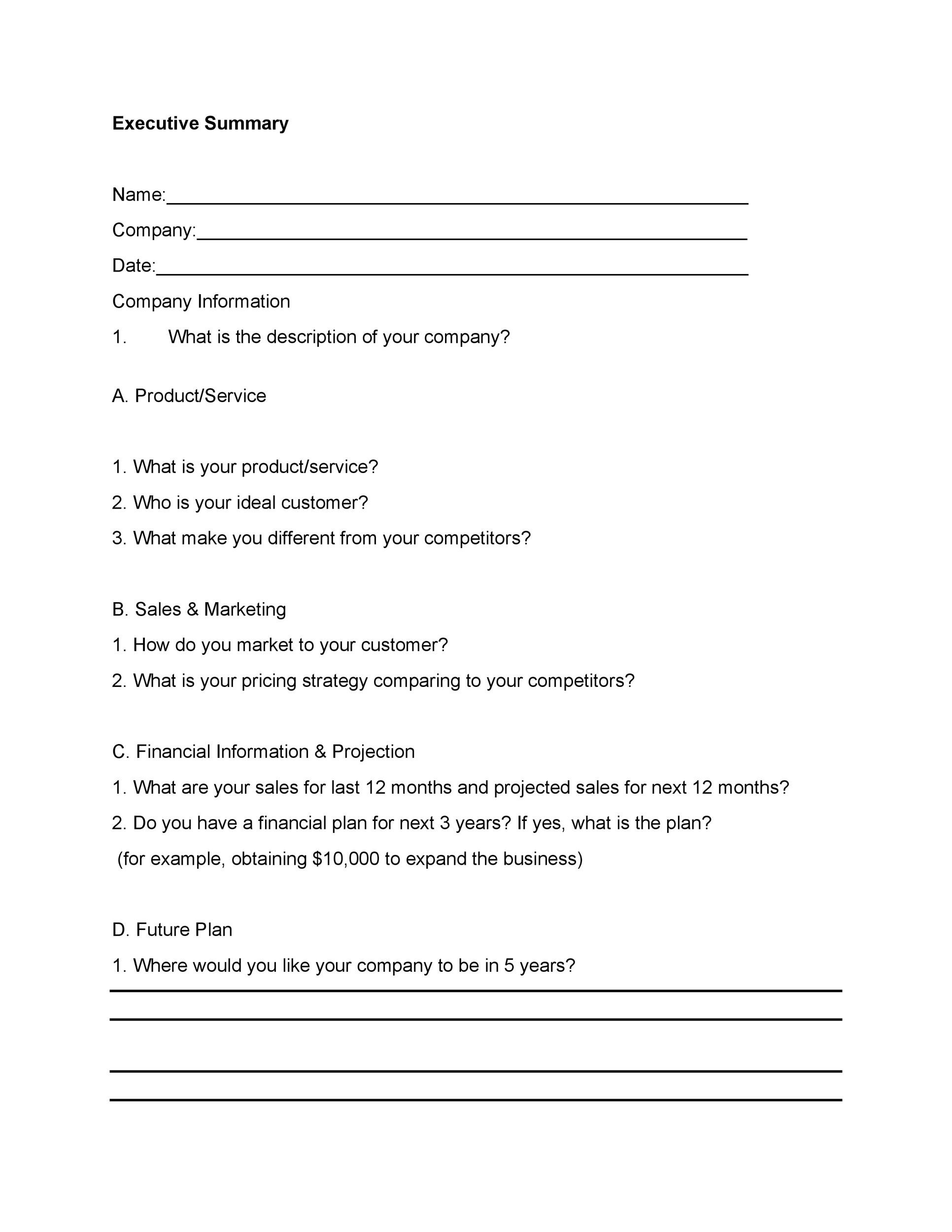 business plan executive summary template