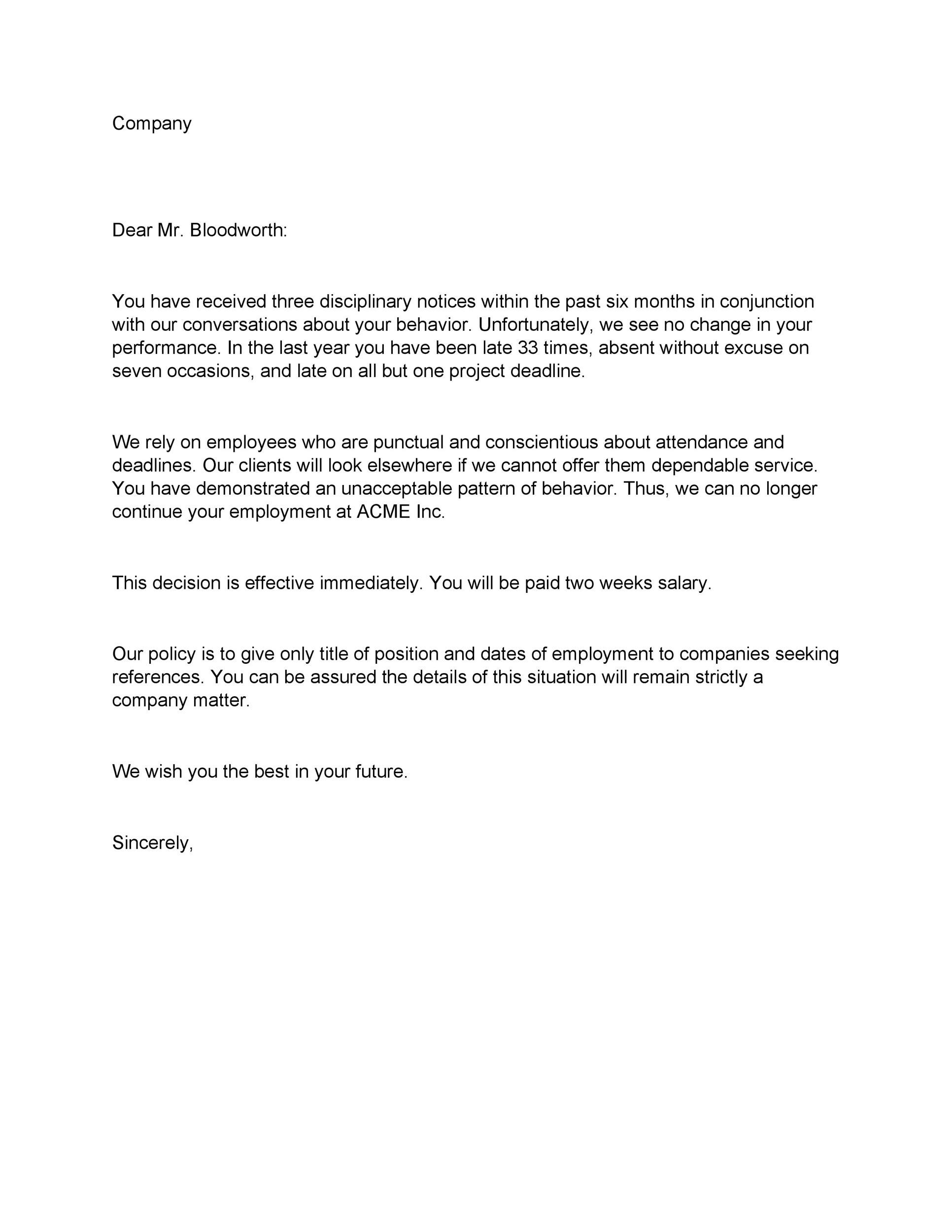 Employee Termination Letter Template Free