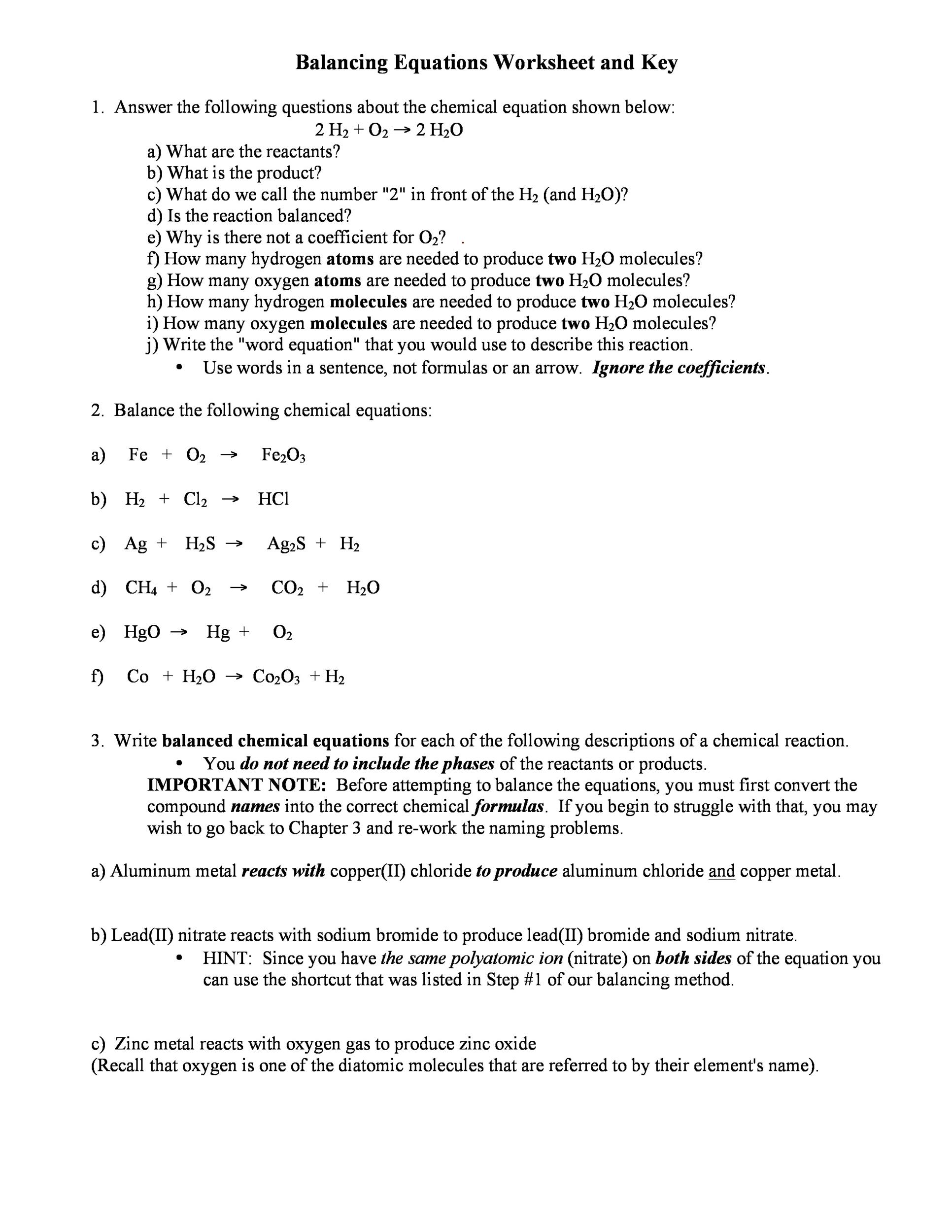 49 Balancing Chemical Equations Worksheets with Answers