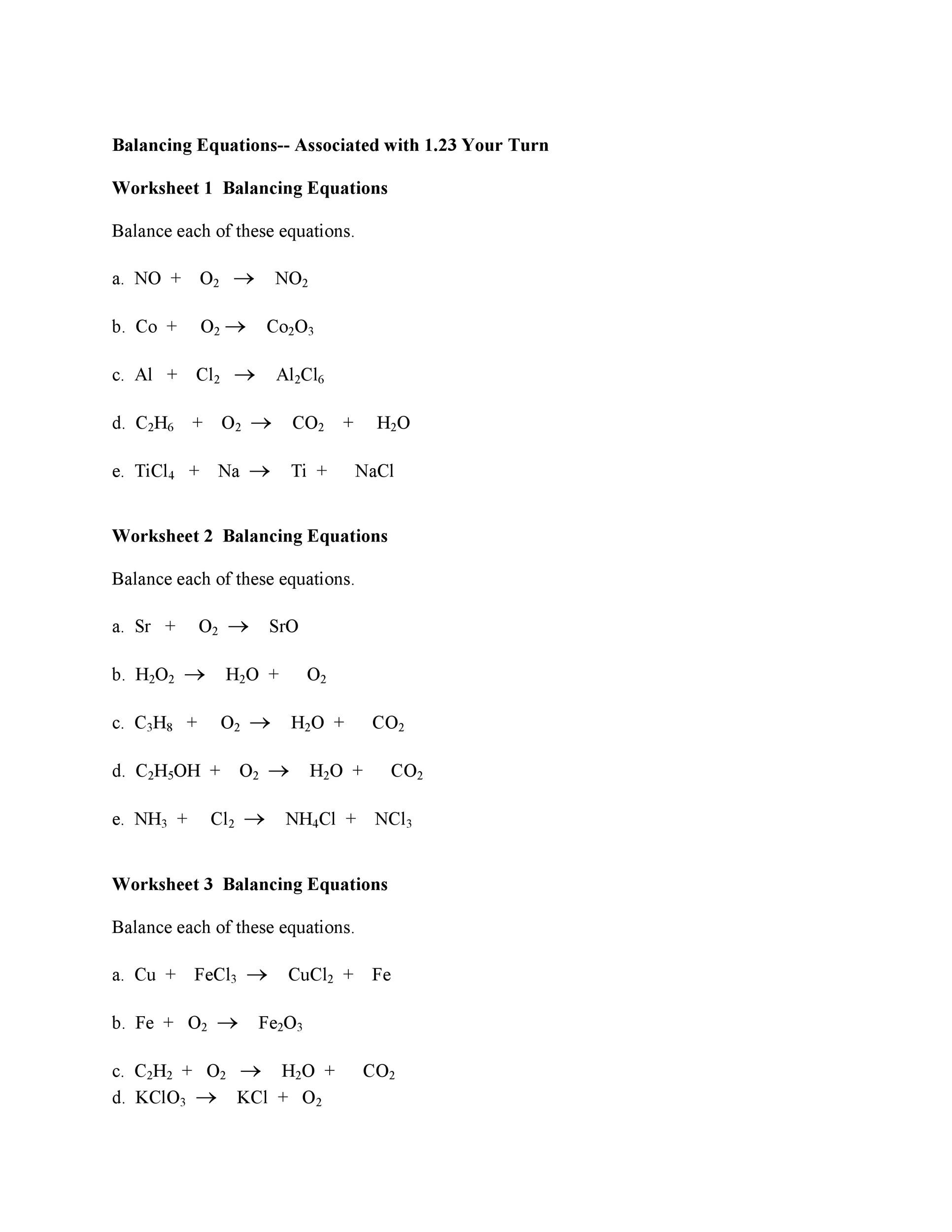 49 Balancing Chemical Equations Worksheets with Answers 