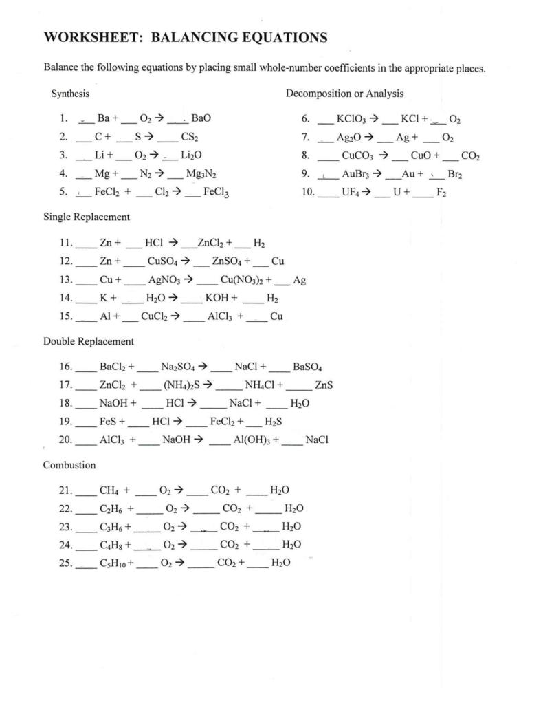 Balancing Equations Worksheet Number 2