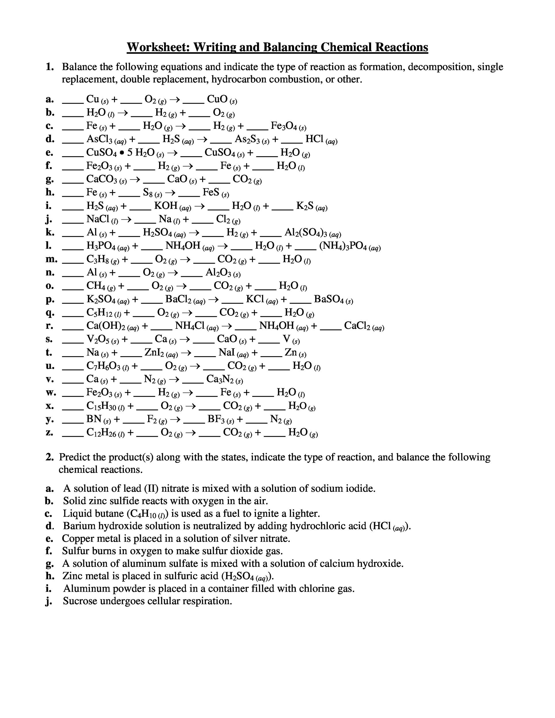 Balancing Simple Chemical Equations Worksheet