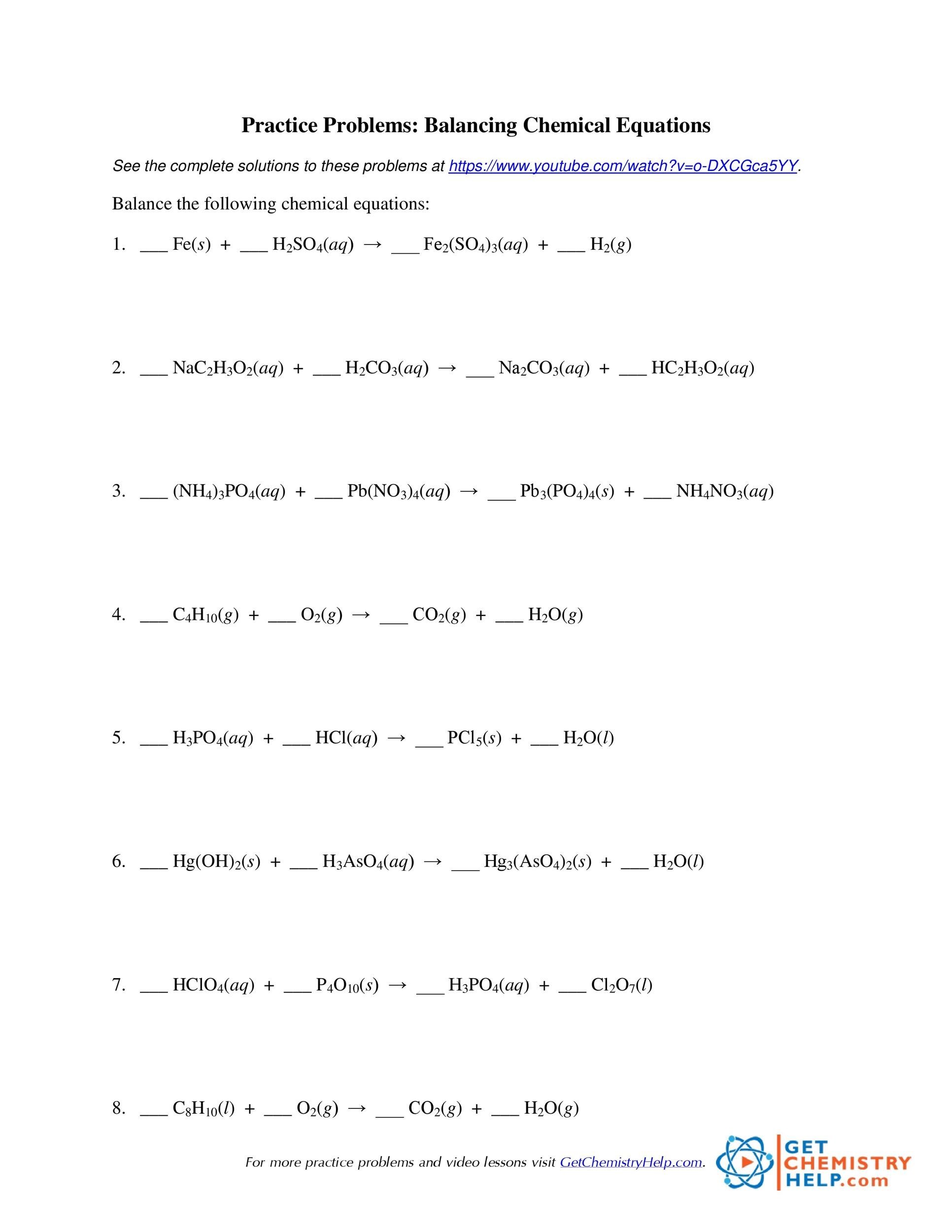 balancing chemical equations assignment quizlet