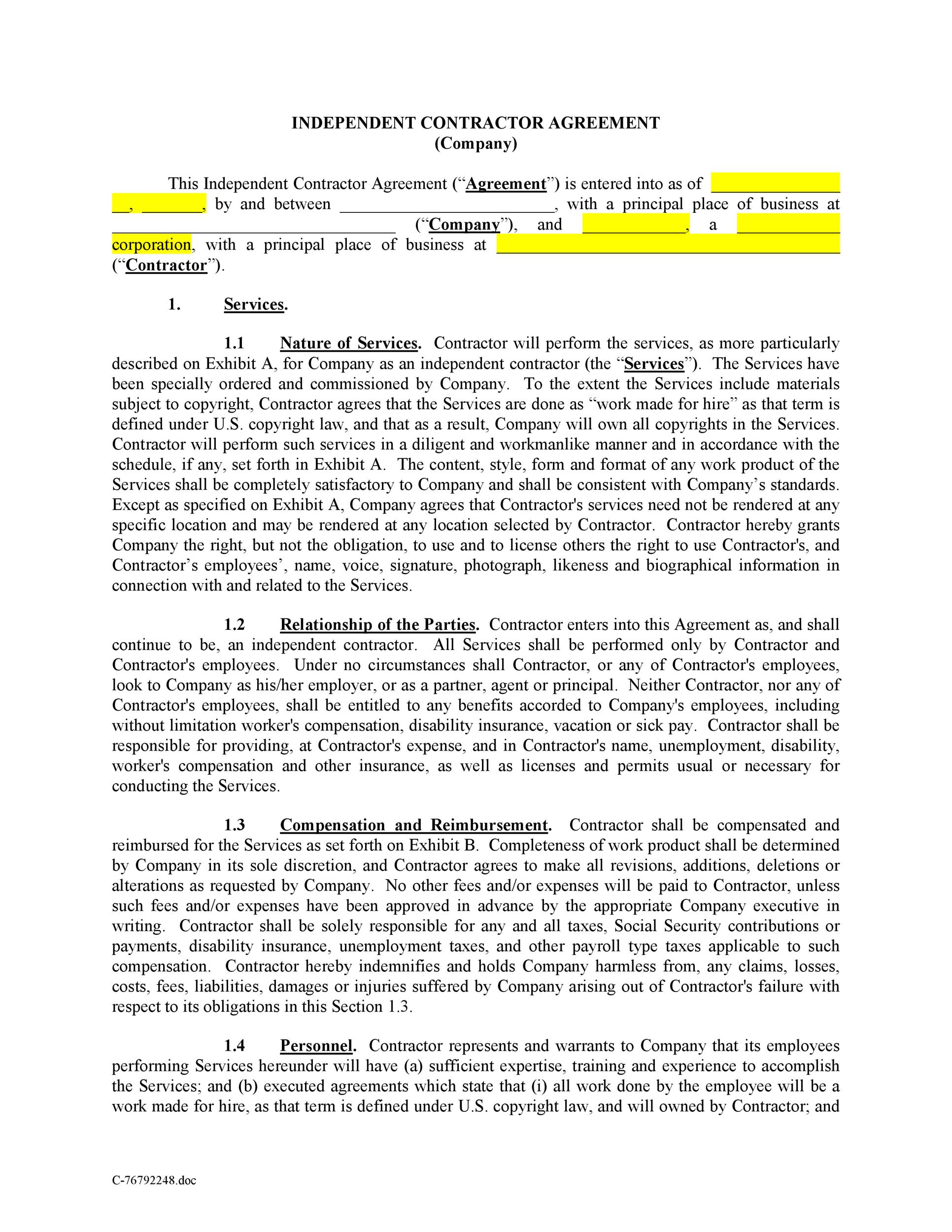 Free independent contractor agreement 01