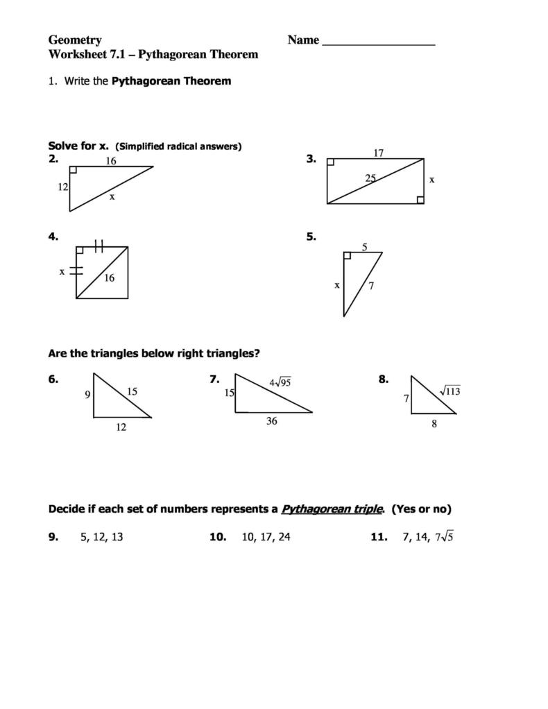 pythagorean theorem worksheet geometry