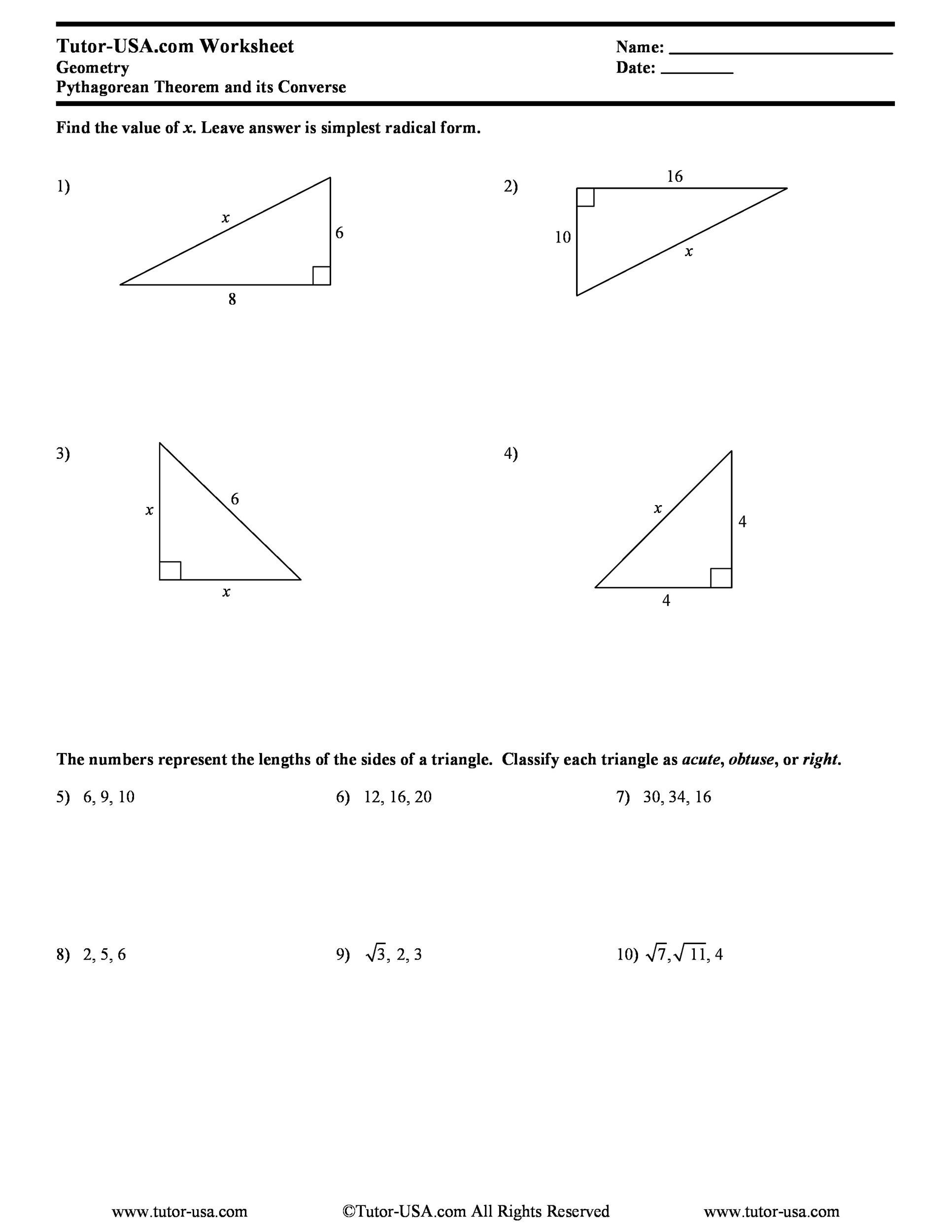 Pythagorean Theorem Worksheet Answers