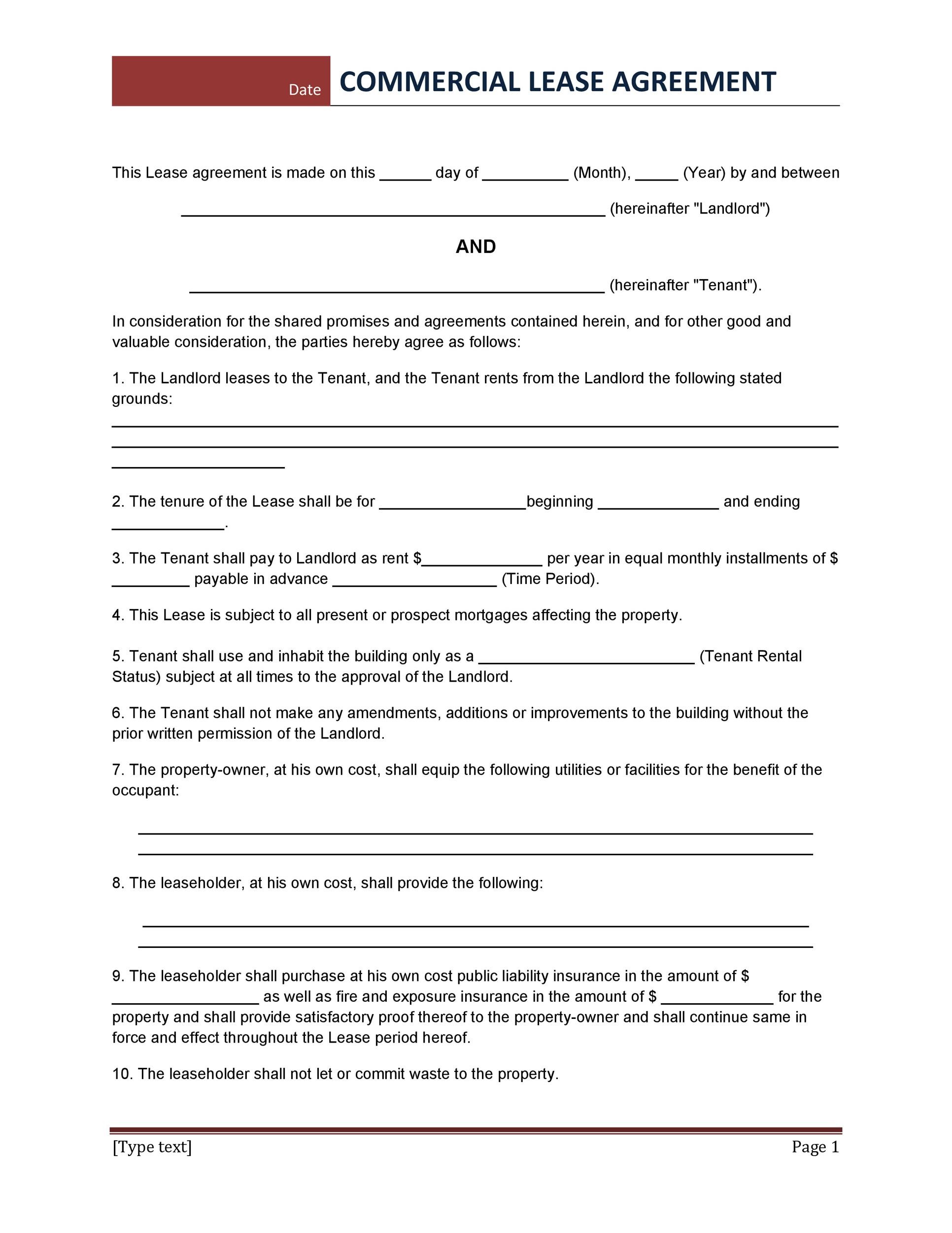 Printable Commercial Lease Agreement Template Free