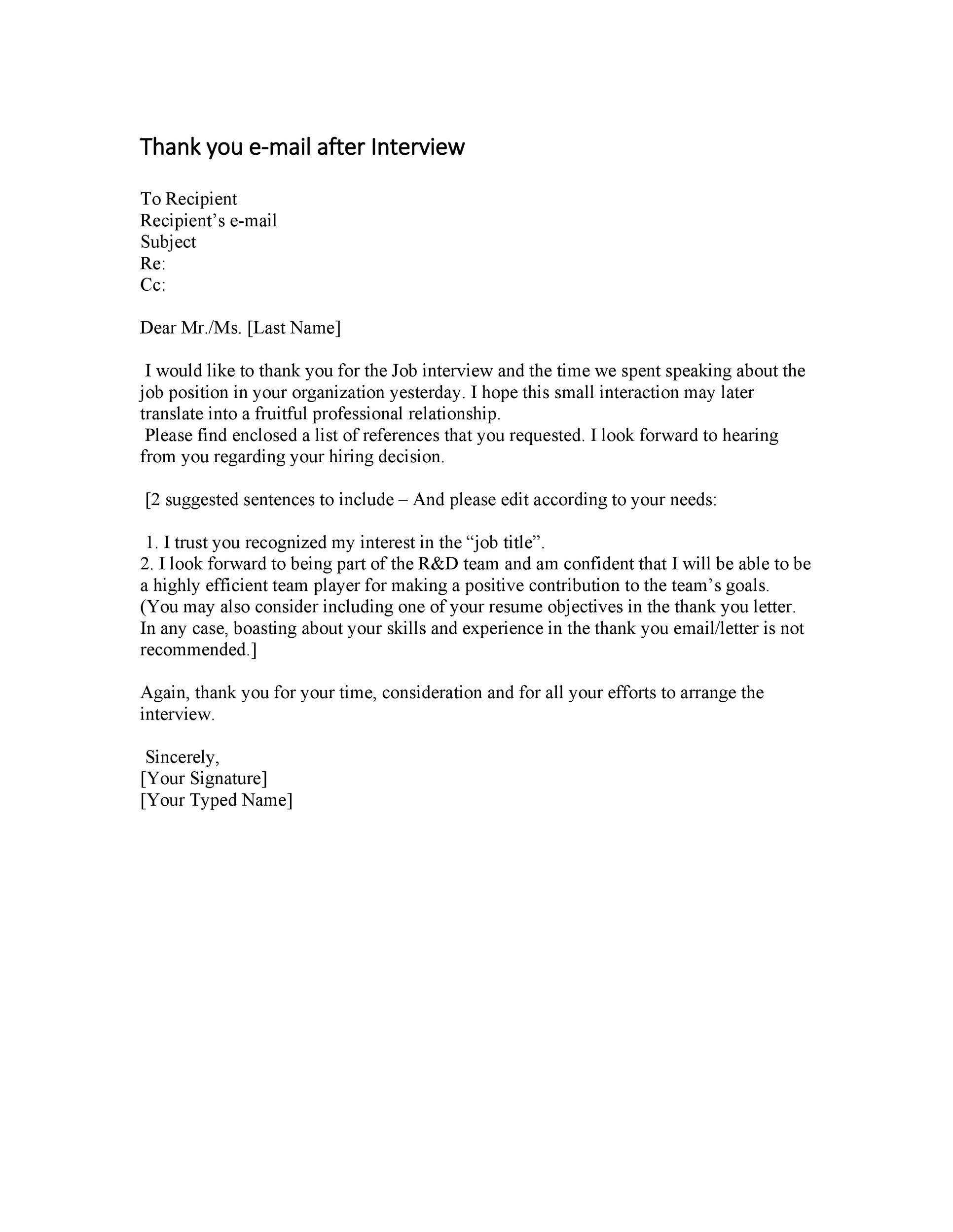 Free Thank you e-mail after Interview Template 19