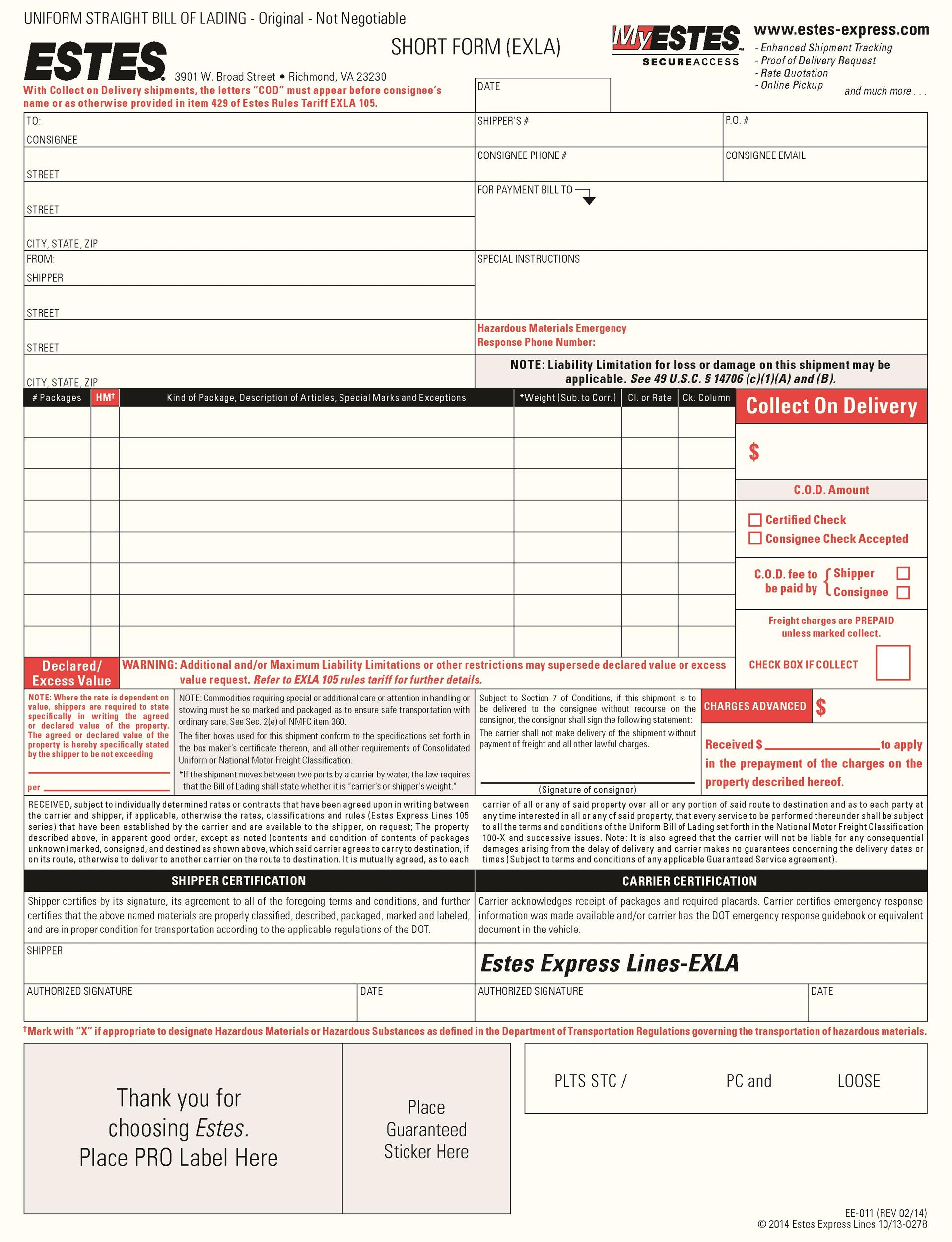 Printable Template Bill Of Lading Form