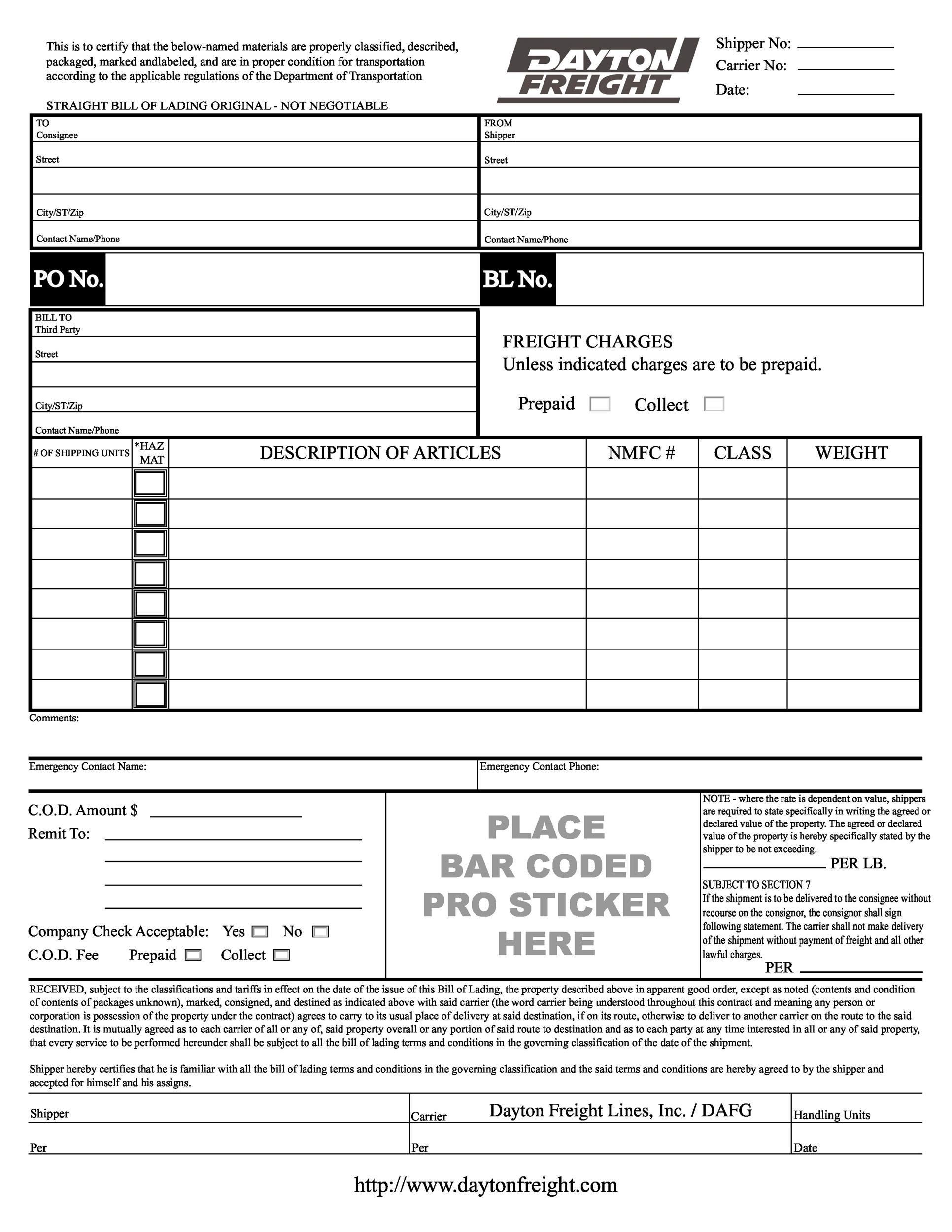 40 Free Bill Of Lading Forms Templates TemplateLab