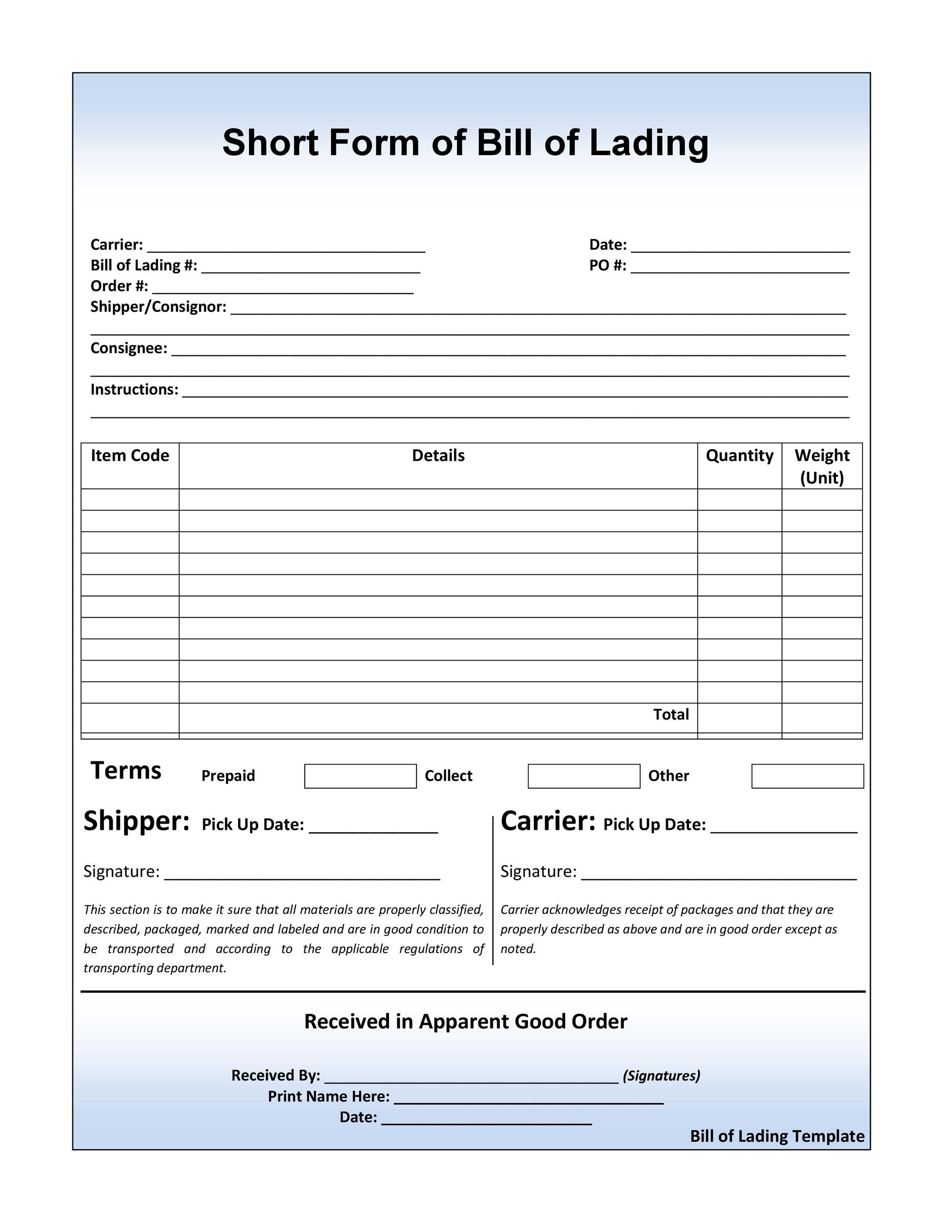 Free Printable Bill Of Lading Template Not Pdf