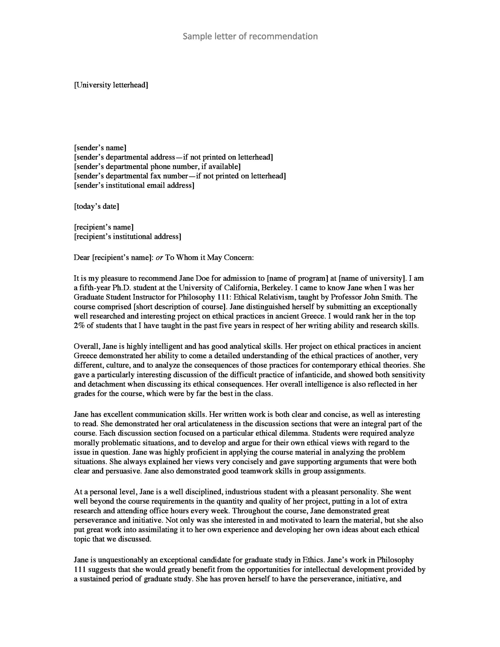 Letter Of Recommendation For Student Examples from templatelab.com