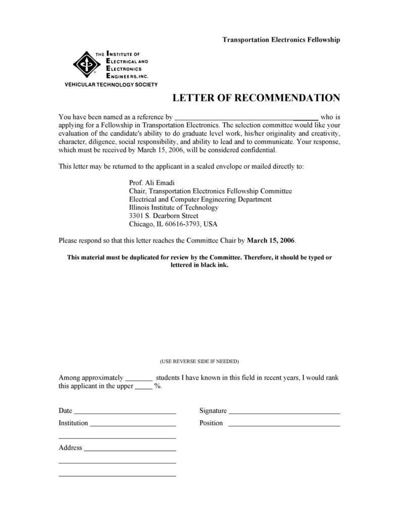 Printable Letter Of Recommendation Template