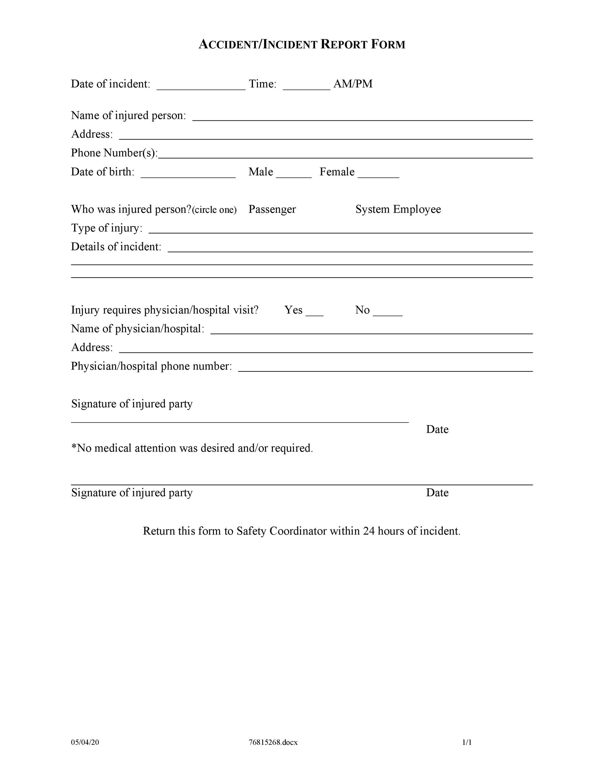 Medication Incident Report Form Template