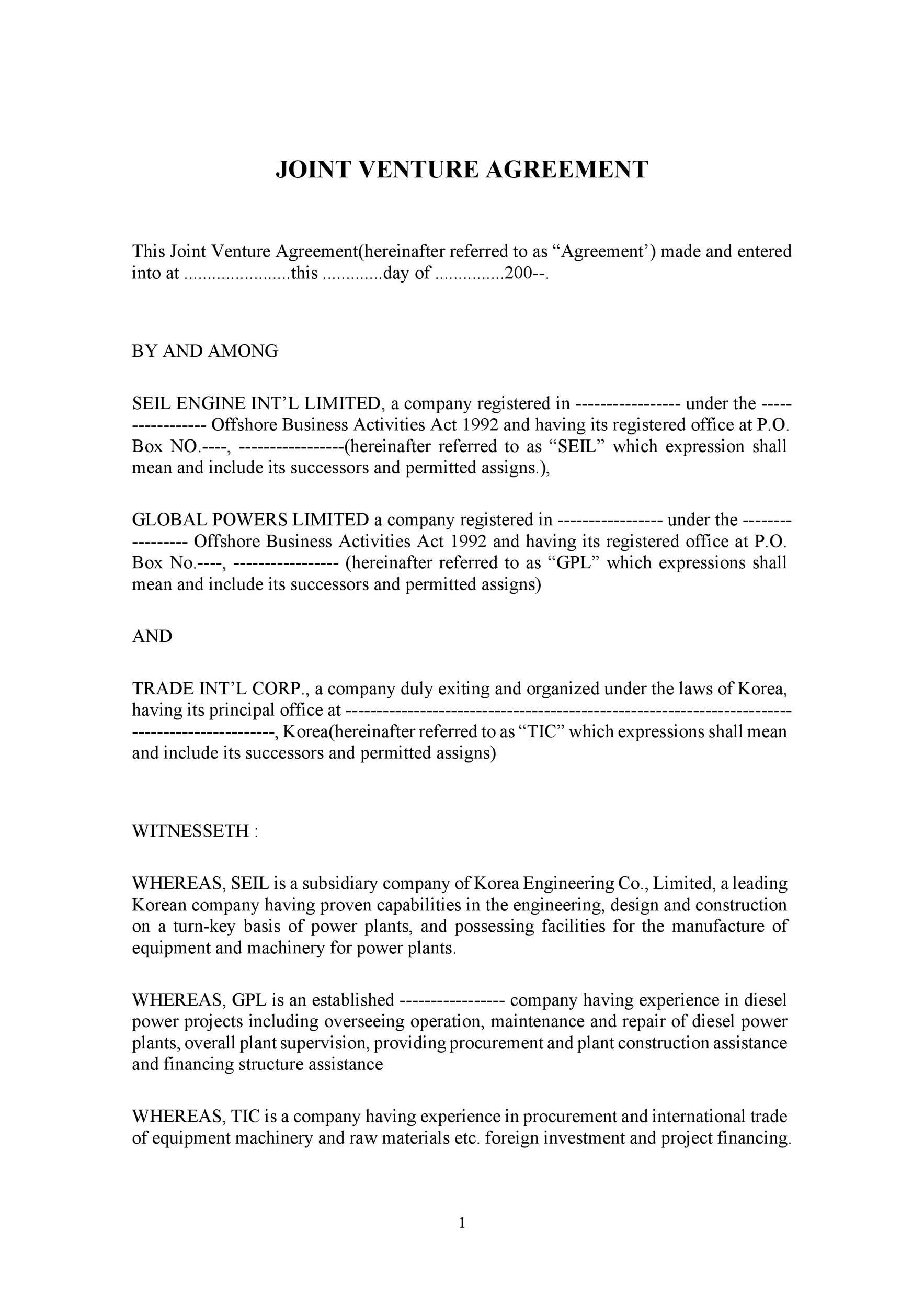 Joint Venture Agreement Template