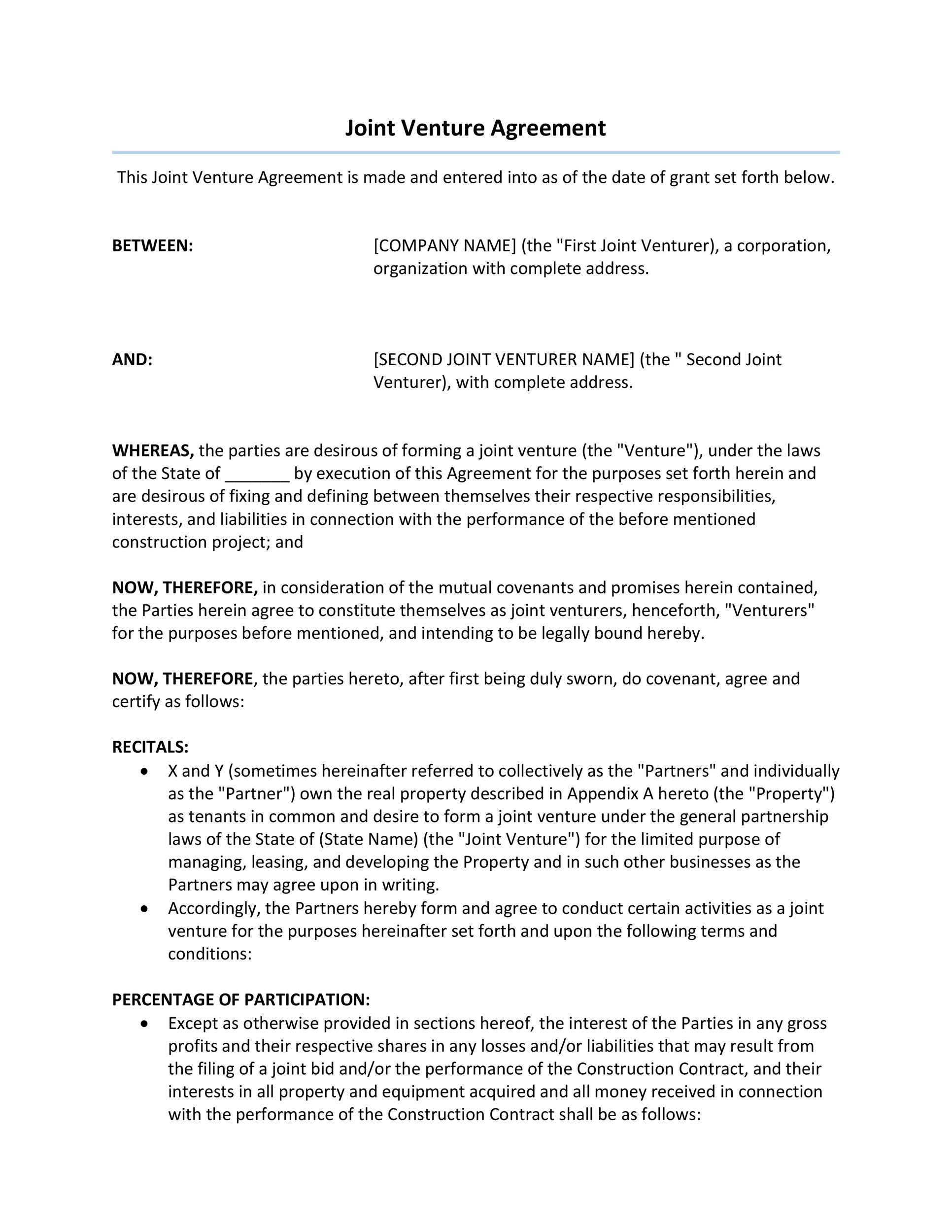 joint venture agreement format