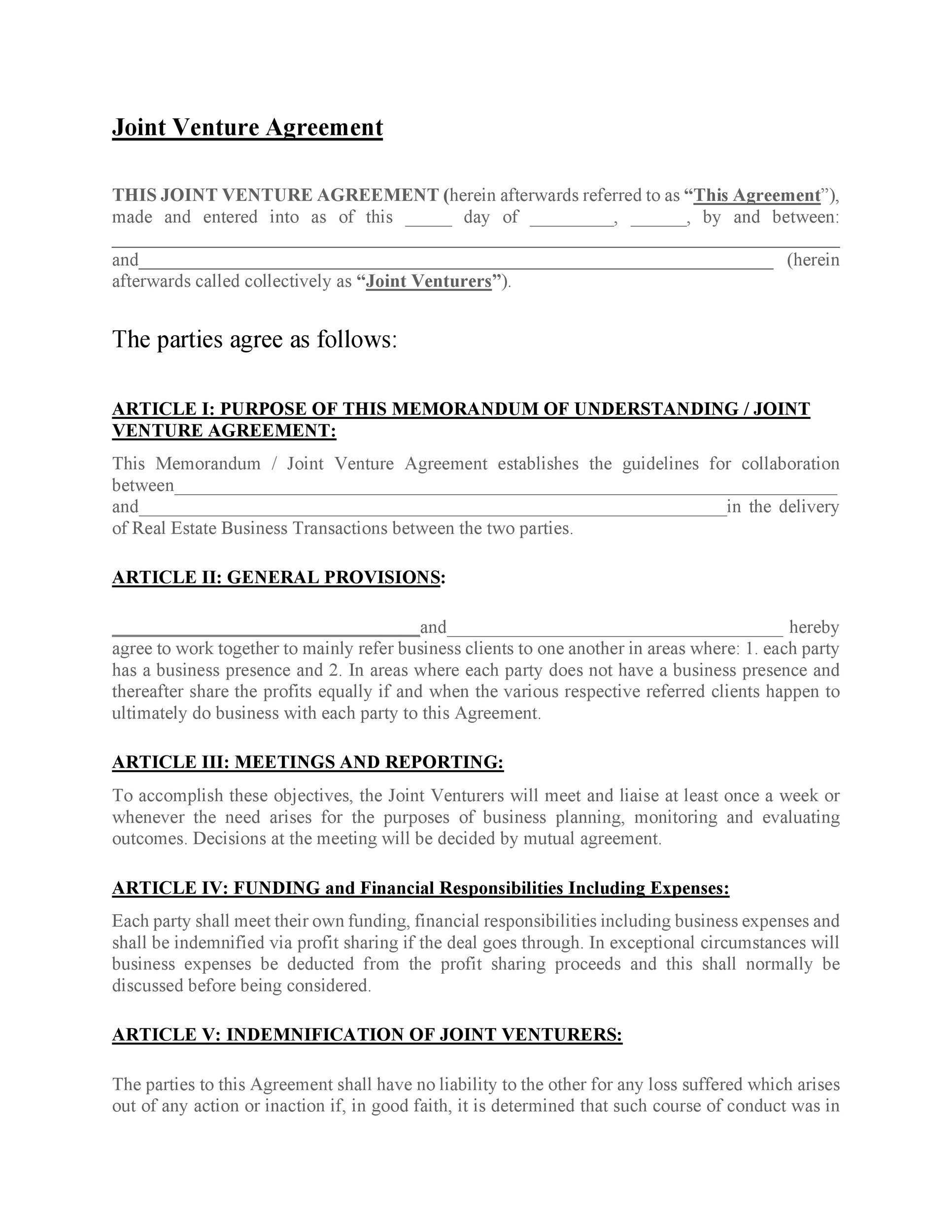 Free Simple Joint Venture Agreement Template