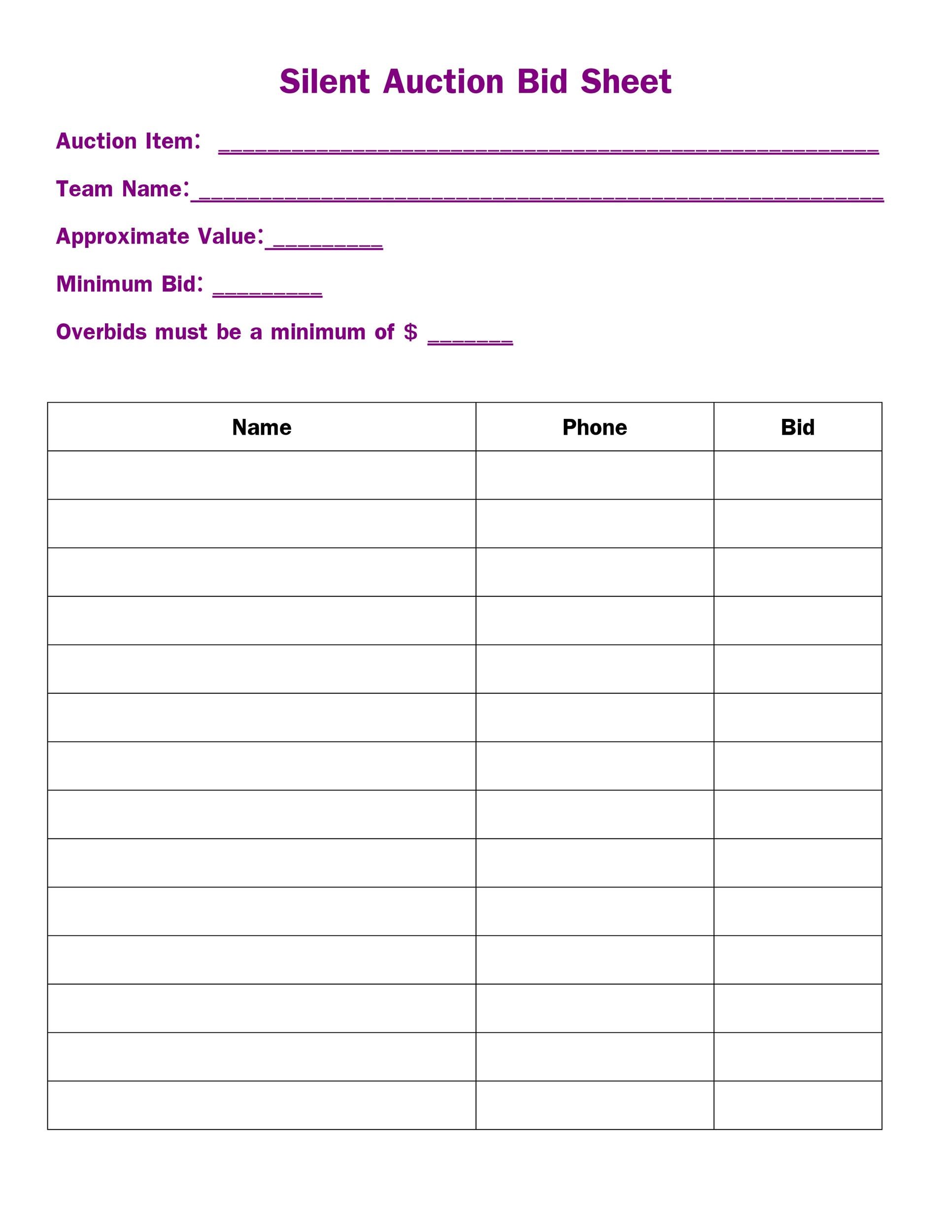 Free Printable Silent Auction Template Templates Printable Download