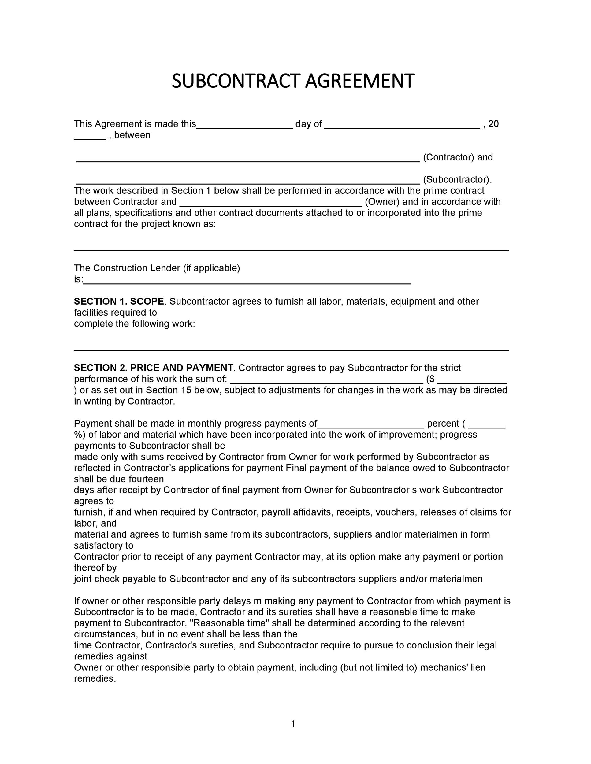 Subcontractor Contracts Templates Free Printable Templates