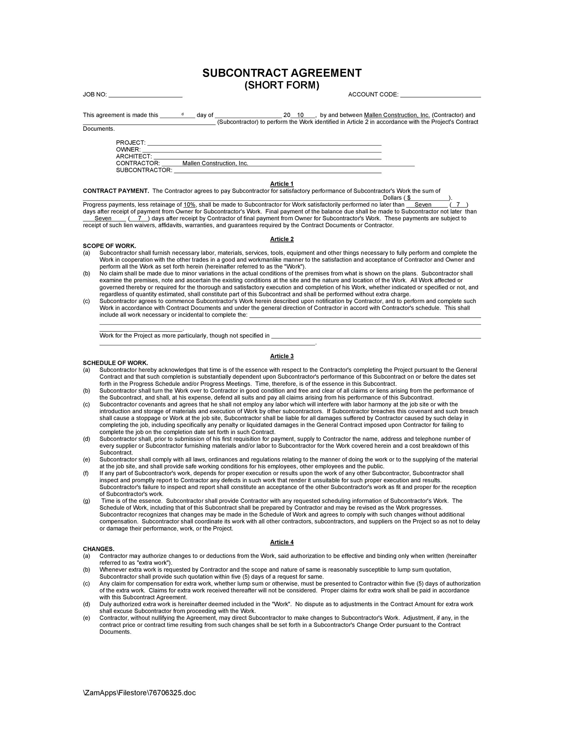 Free Subcontractor Agreement 05