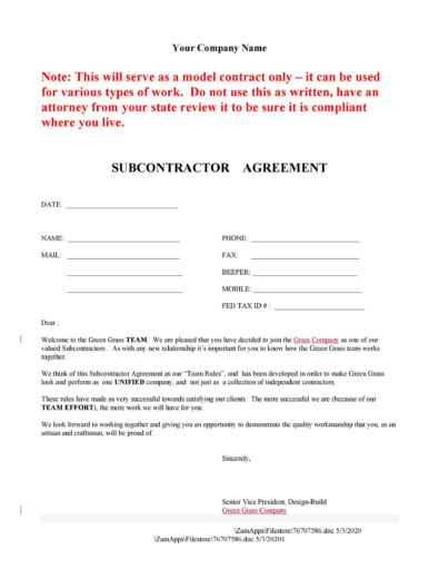 Subcontractor Agreement Template