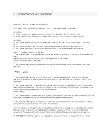 39 Free Subcontractor Agreement Templates Samples