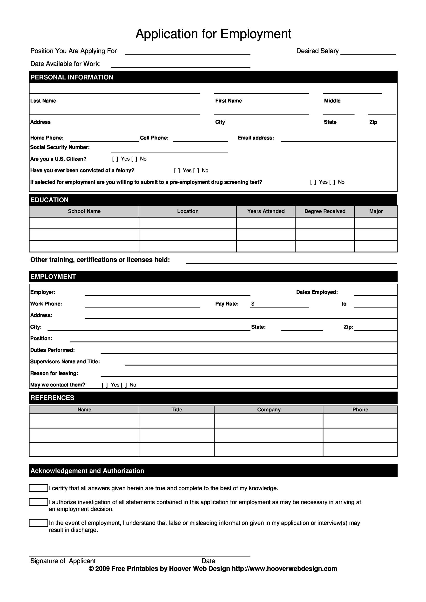 Free employment application template 01