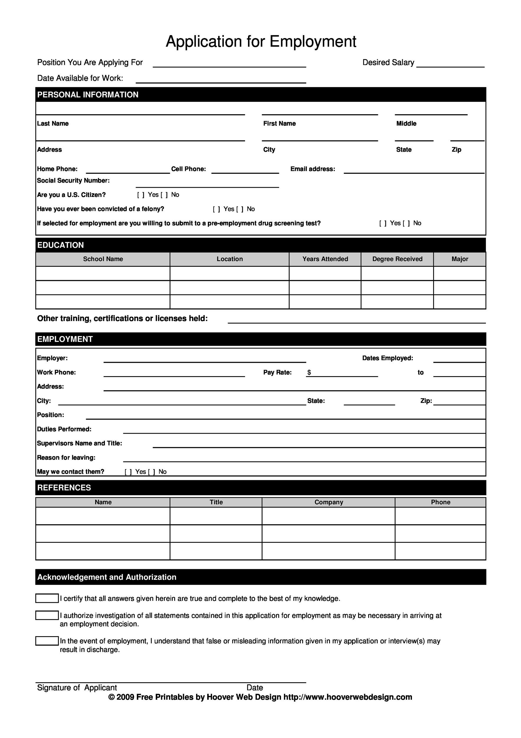 Free Printable Employment Application