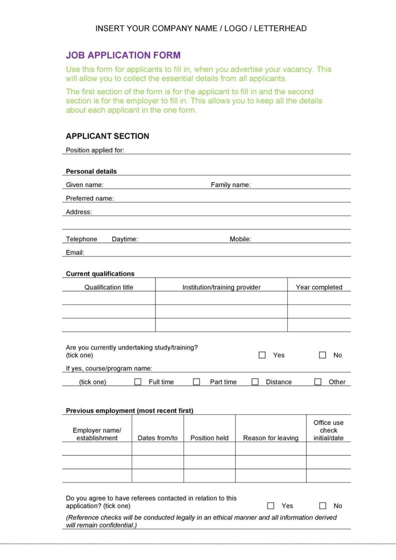 50 Free Employment Job Application Form Templates Printable Template Lab Navarro 1308