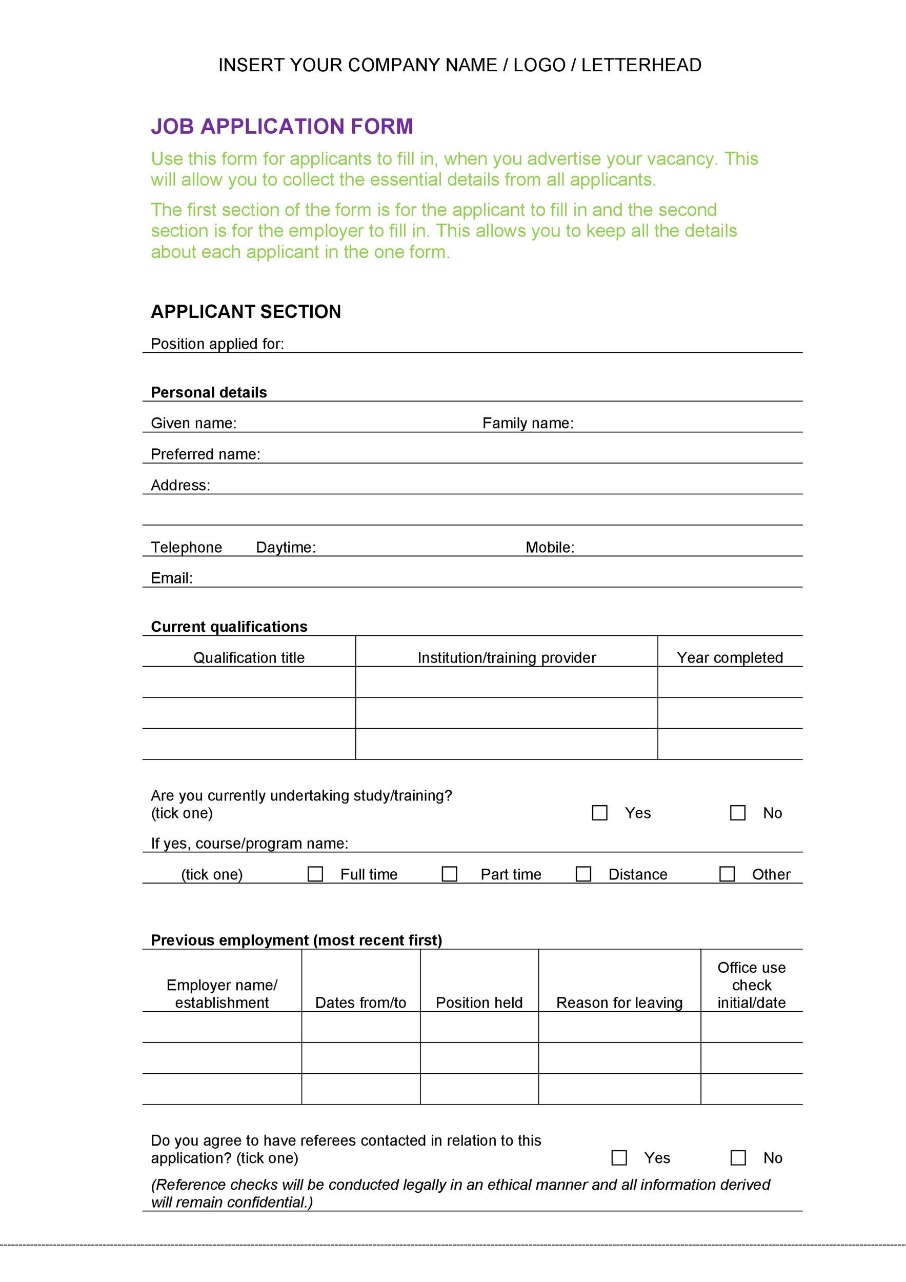 50 Free Employment Job Application Form Templates Printable Templatelab 8953