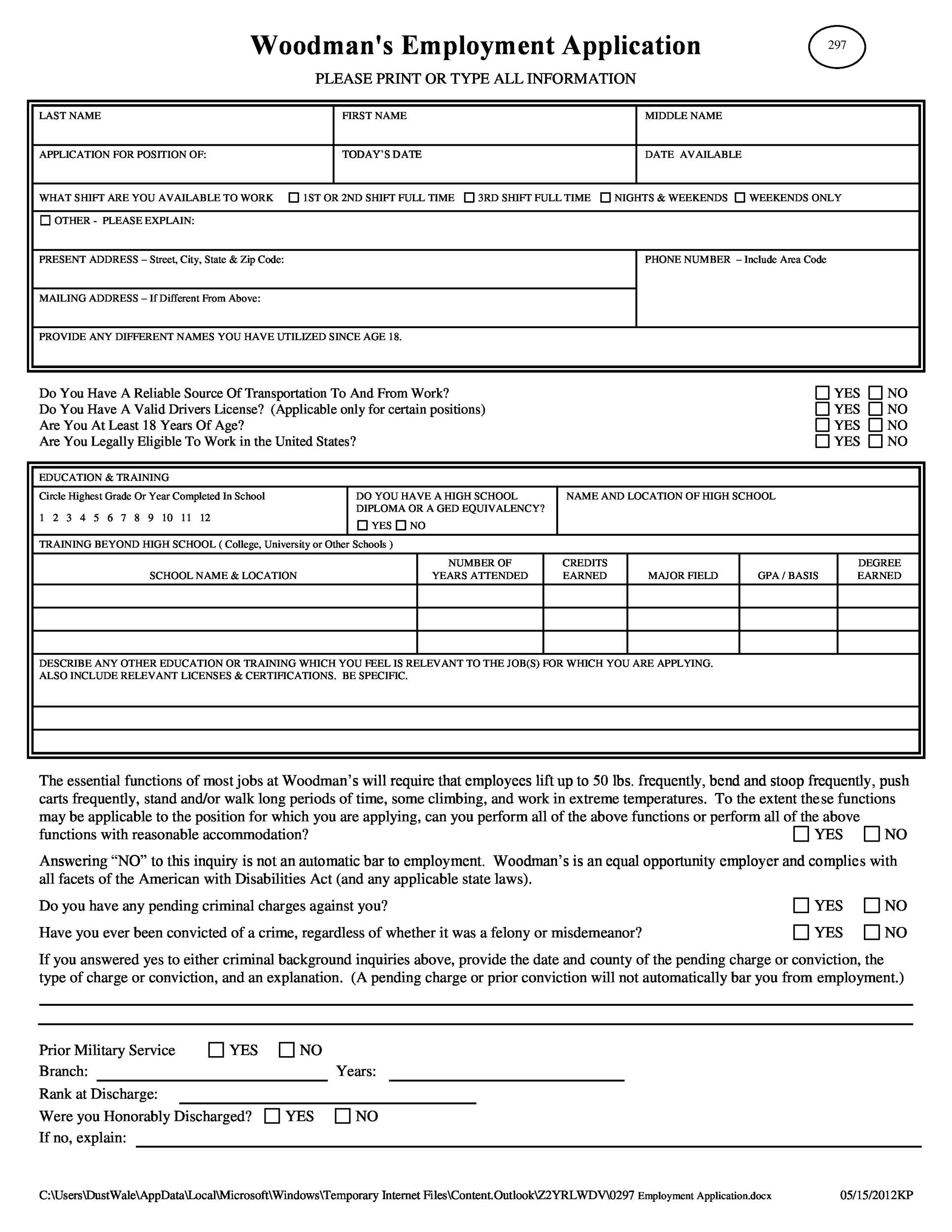 Free Printable Job Application Form Template from templatelab.com