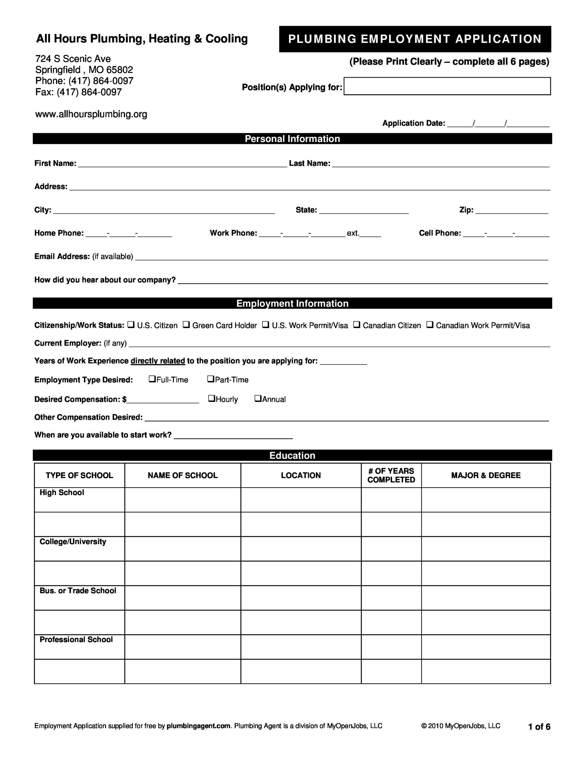 Free employment application template 14