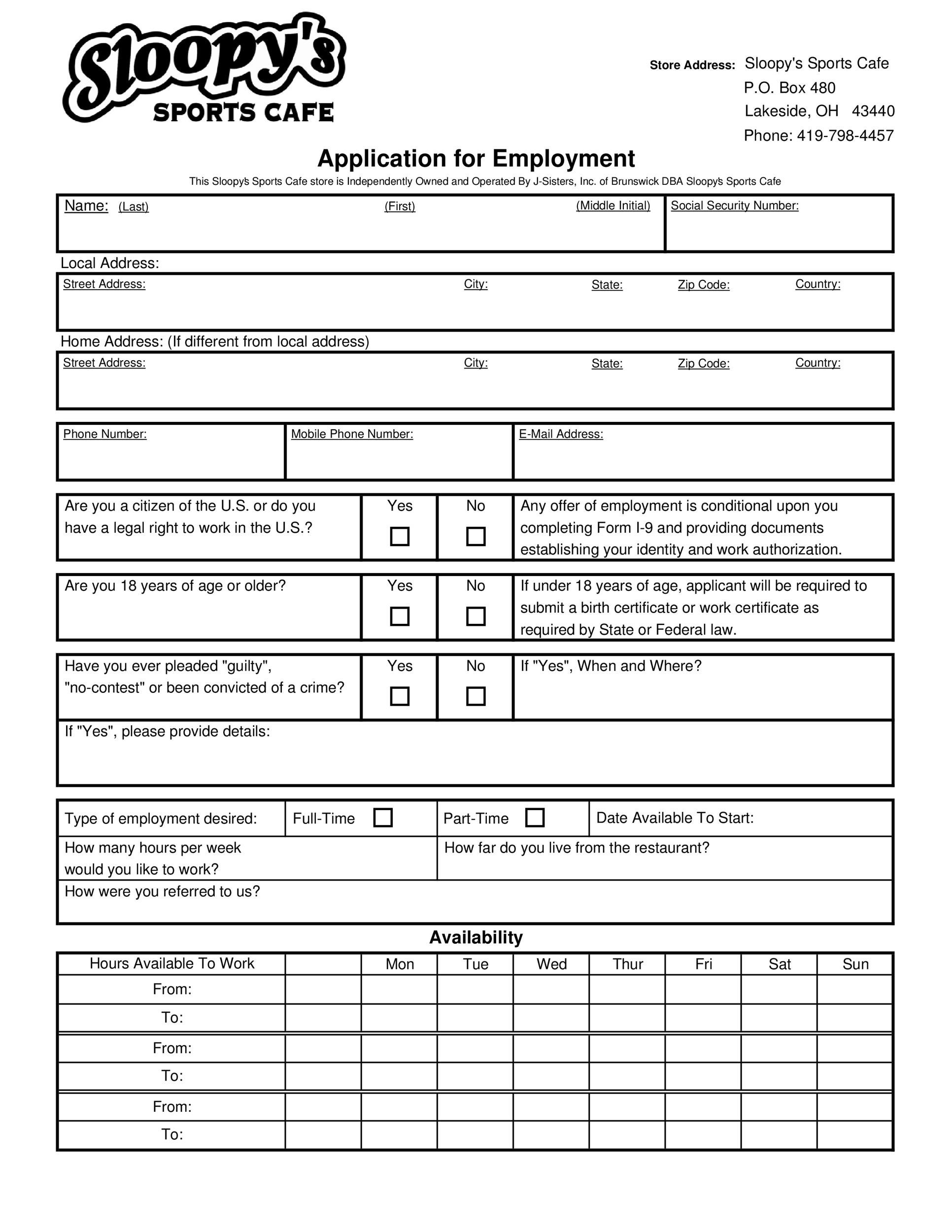 Downloadable Free Printable Job Application